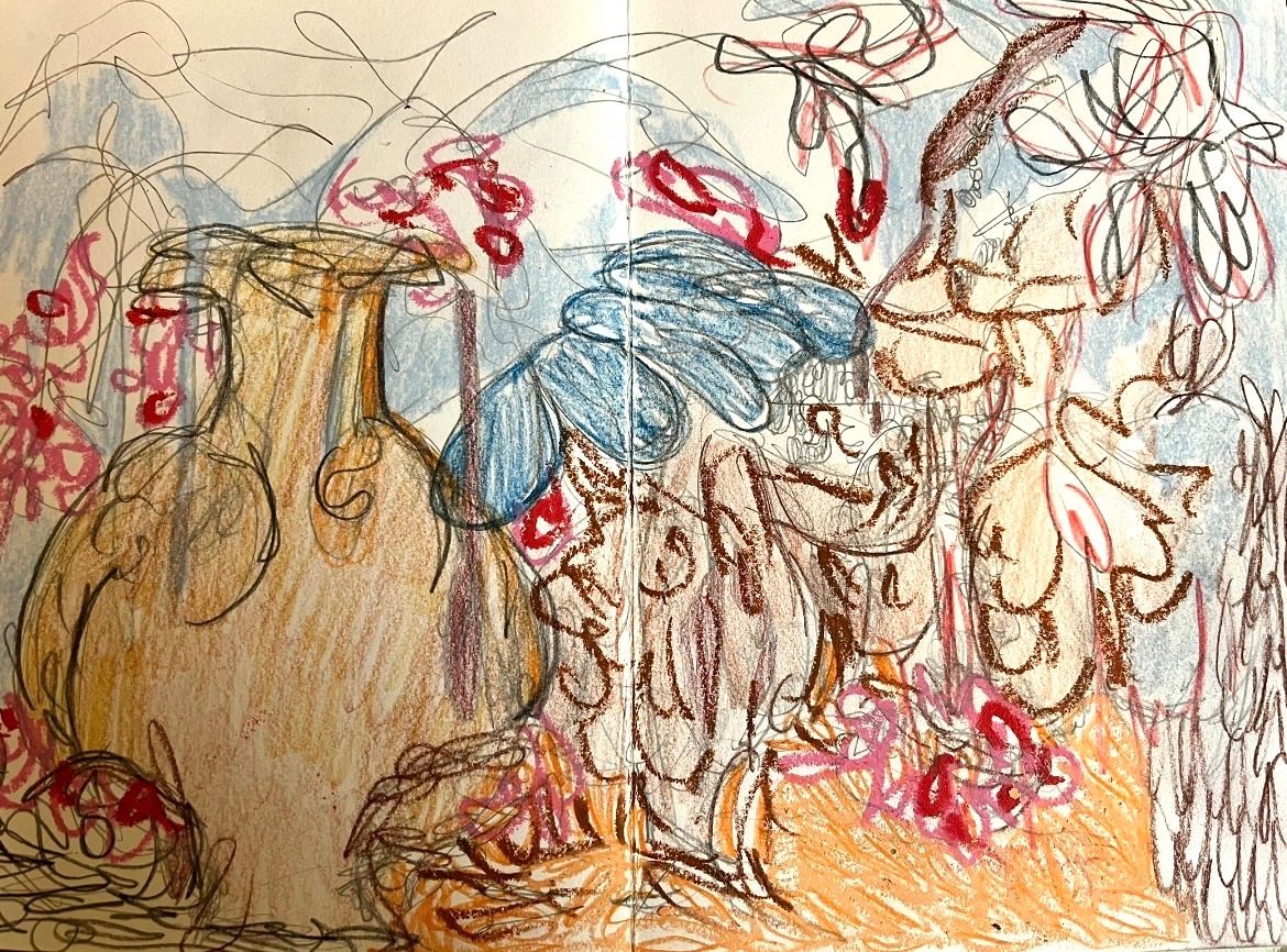 A pencil, pastel sketch on oranges, yellows, brows and reds and graphite and blue