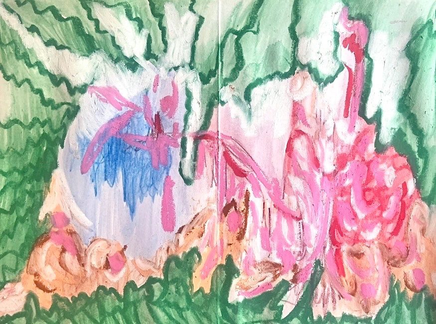 Pastel, colored pencil in green marks, peach pink and white floral movement