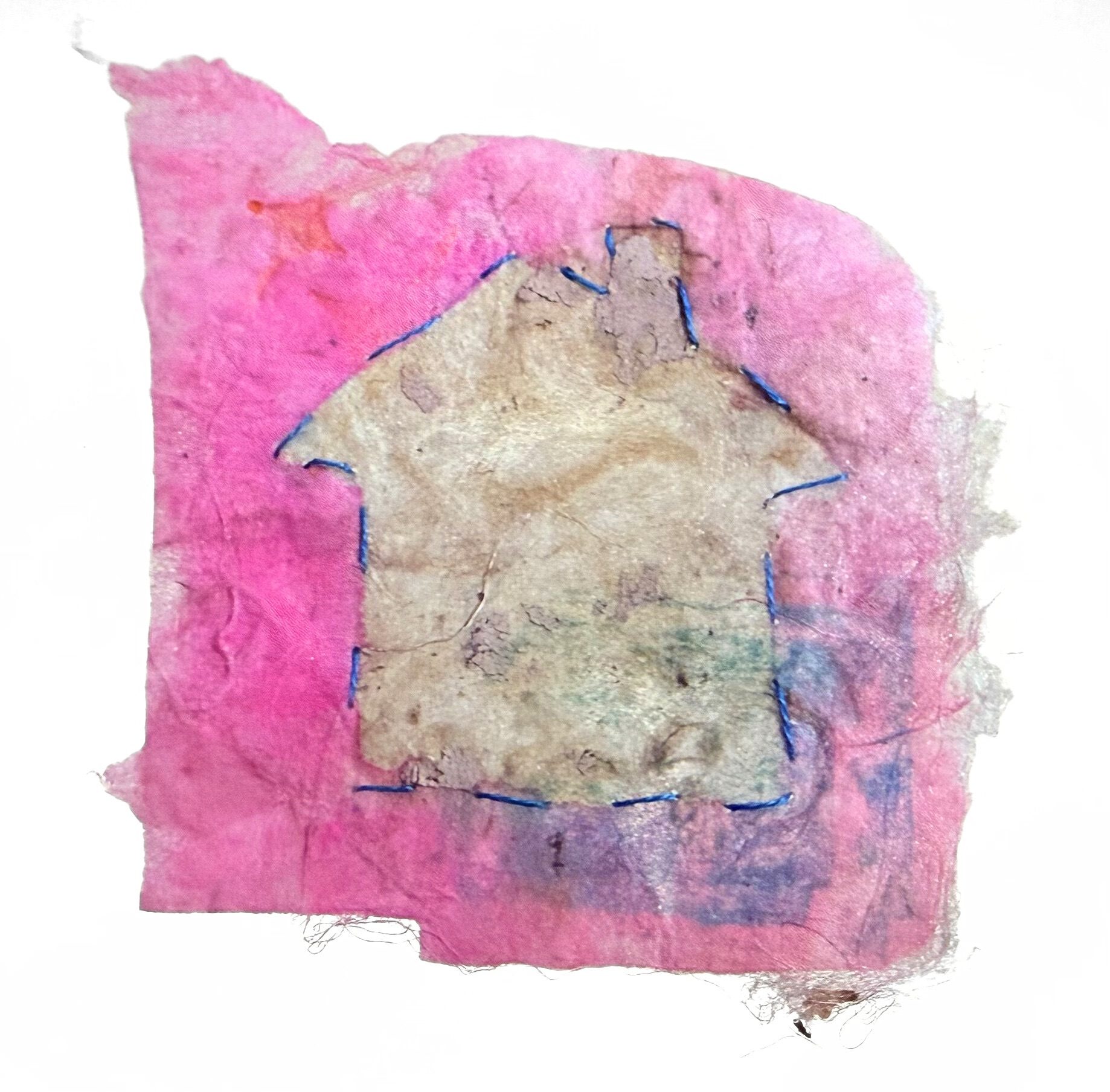 A tester sheet of fabric like silky paper, sort of the same texture as handmade paper but smoother. There is a house left paintless while neon pink surrounds it. The outside of the house is embroidered in a running stitch. There is a stamp of a house faintly seen in blue in the right corner.