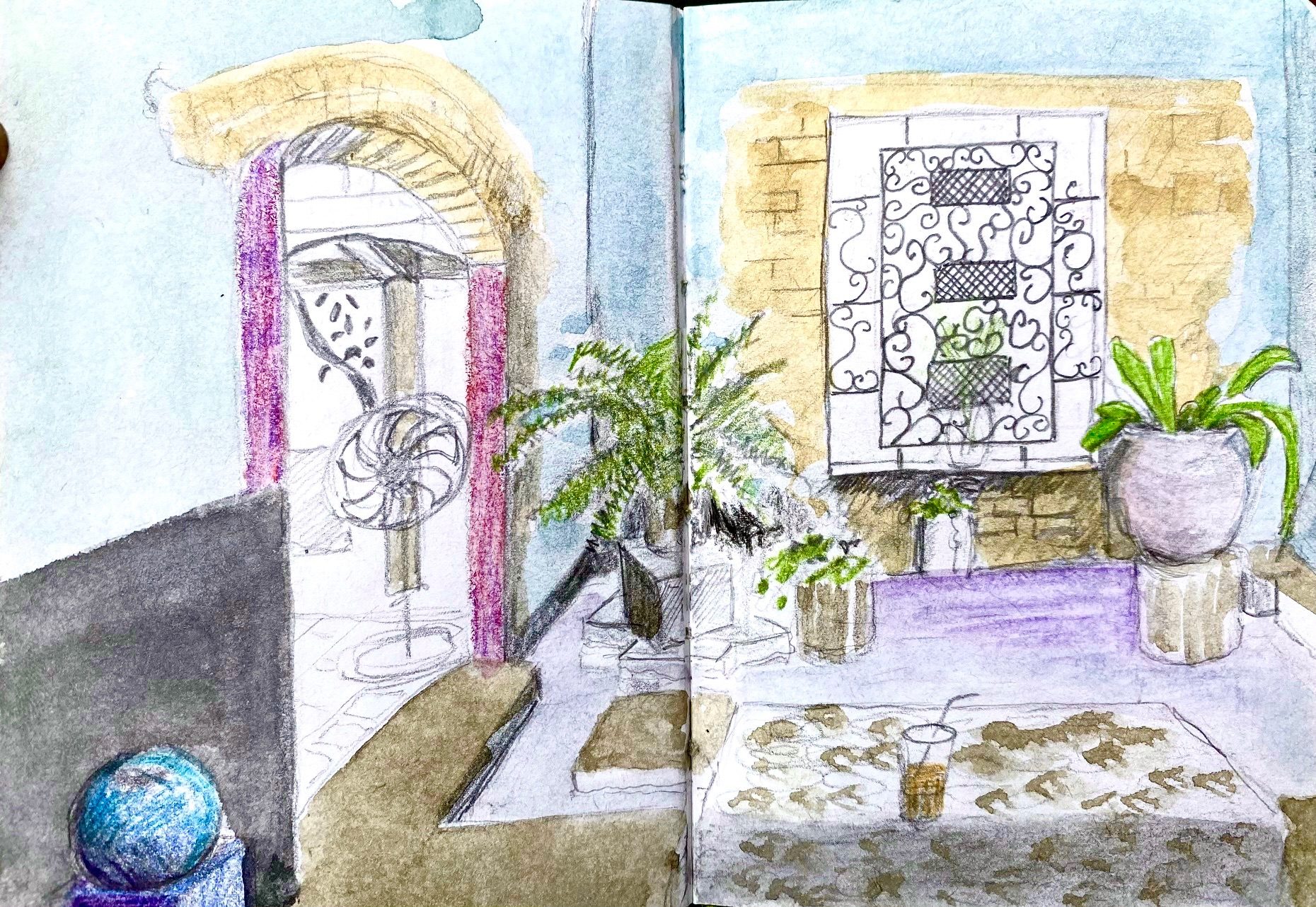 This drawing was made inside Zen Café in Negombo, Sri Lanka, and rediscovered by turning to page 37 of my sketchbook in response to the prompt. The image shows an interior view of the café: an arched doorway, a patterned metal window grille, potted plants, a ceiling fan, and a table with a drink. Pencil lines combine with light watercolour washes to record the space, its textures, and the quality of light.  The drawing was made slowly, while sitting in the café, as an act of observation and presence. Returning to the page transforms it into a new artwork through re-selection, allowing the prompt to be answered by noticing what already exists rather than producing something new.