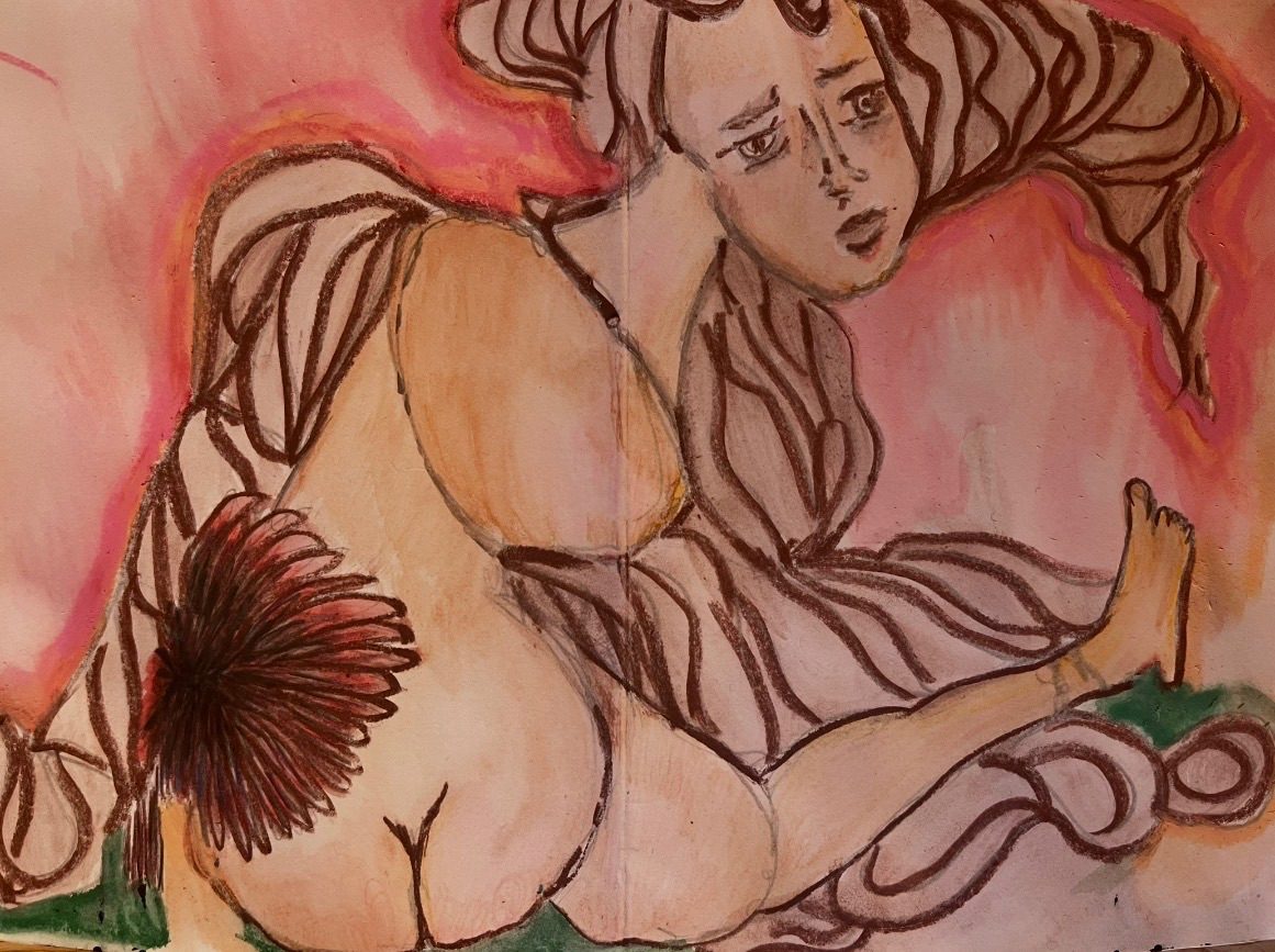A cubist like figure of a woman and flowing hair with flower in pink and green soft draing and water colouring