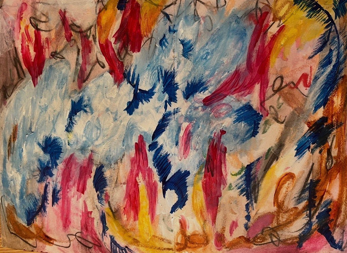 Abstract painting with soft blue tones and feathering marks and vibrant berry pink and golden hues wrapping around the page