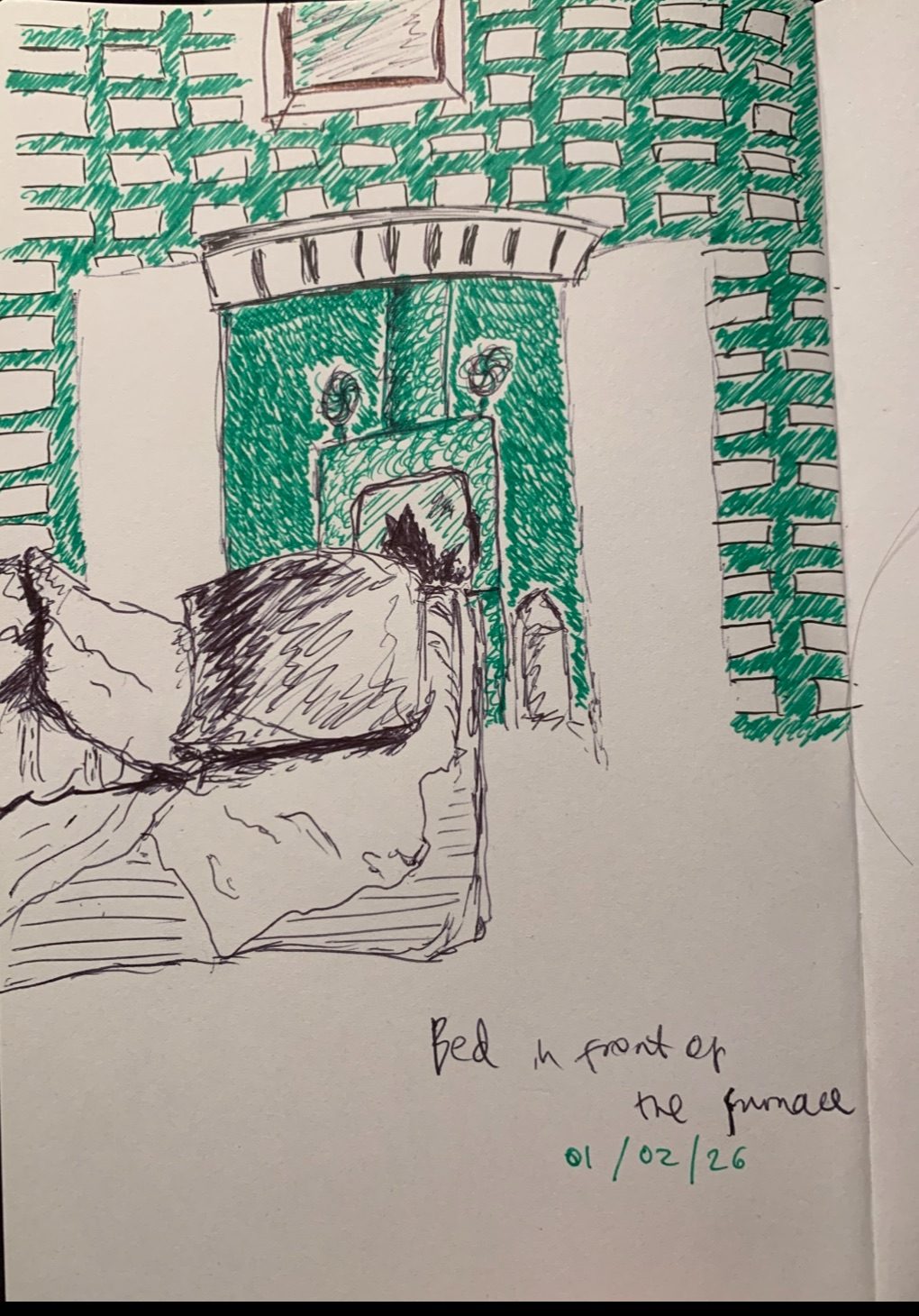 A picture of a notebook sketch. Drawn in black and green pen, there is the end of a bed in the lower left corner and behind a furnace in Green. It could be the inside of a living room.