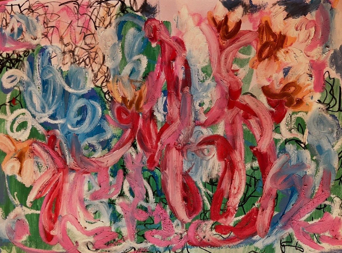 Twisting lines and movement layered in charcoal, pastel and paint in coluful blue green and red and pink tones swirling