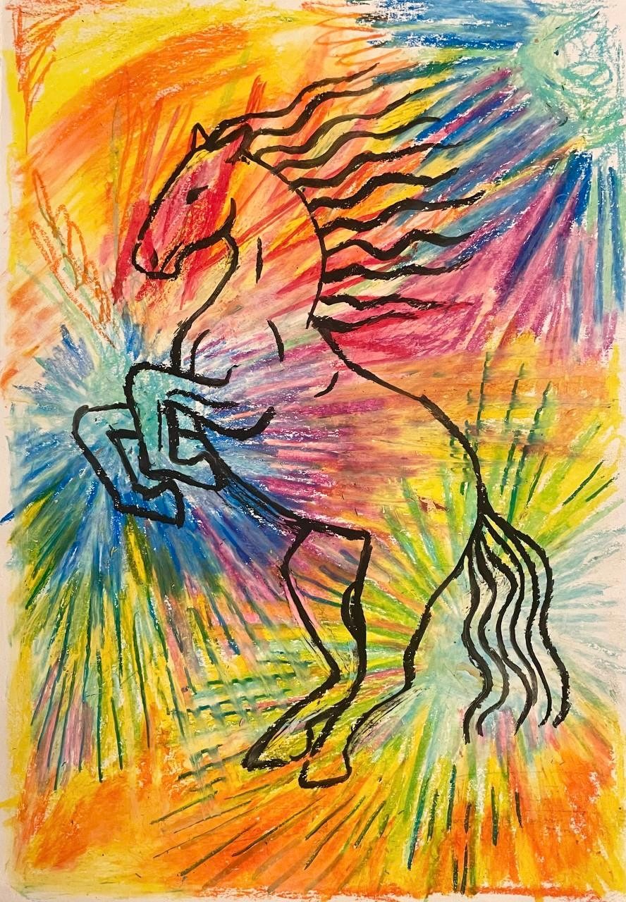 Oil pastel drawing of a rearing horse over a blue star bursts and red and yellow colours in between
