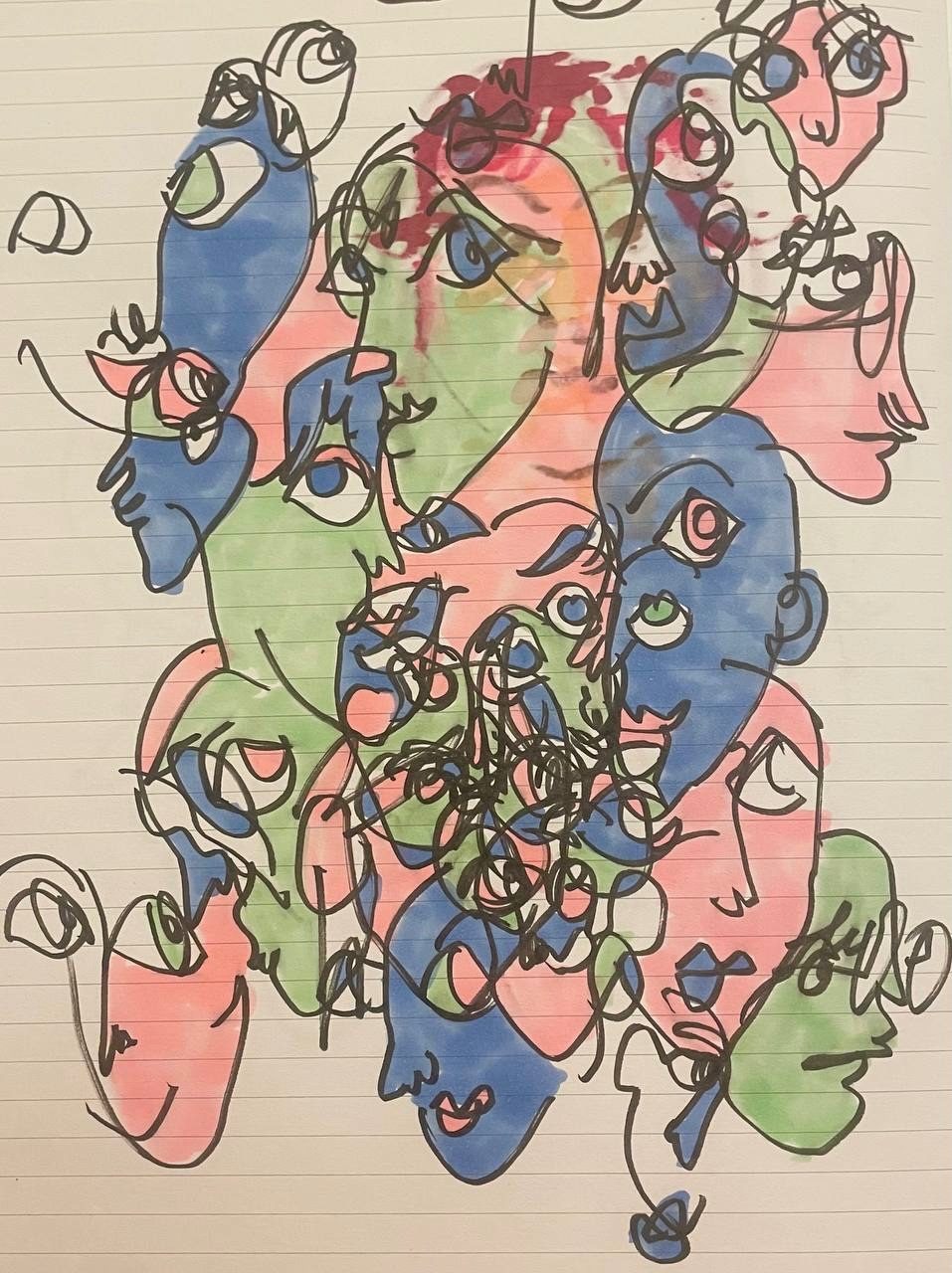 Line drawings of overlapping misshapen faces with pastel pink, green and blue colours in the over lapping shapes formed by the black line drawings