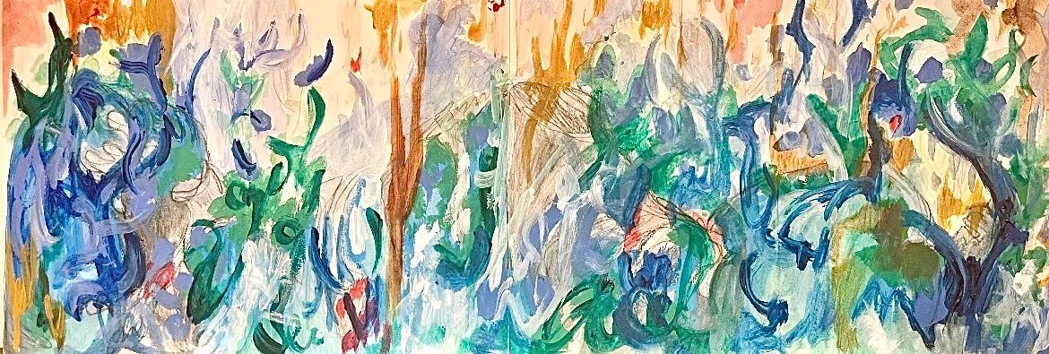 PanorMic layered painting in soft blues greens and rustic warm hues invoking hills and sea and scribbles of shadow figures