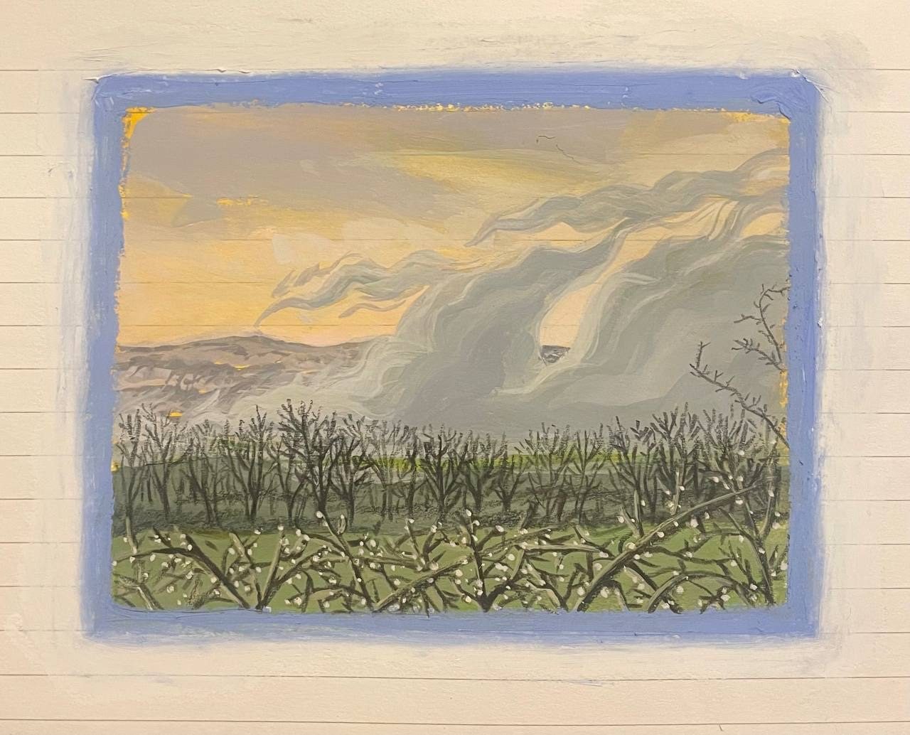 Gouache landscape painting of low hanging cloud on hills