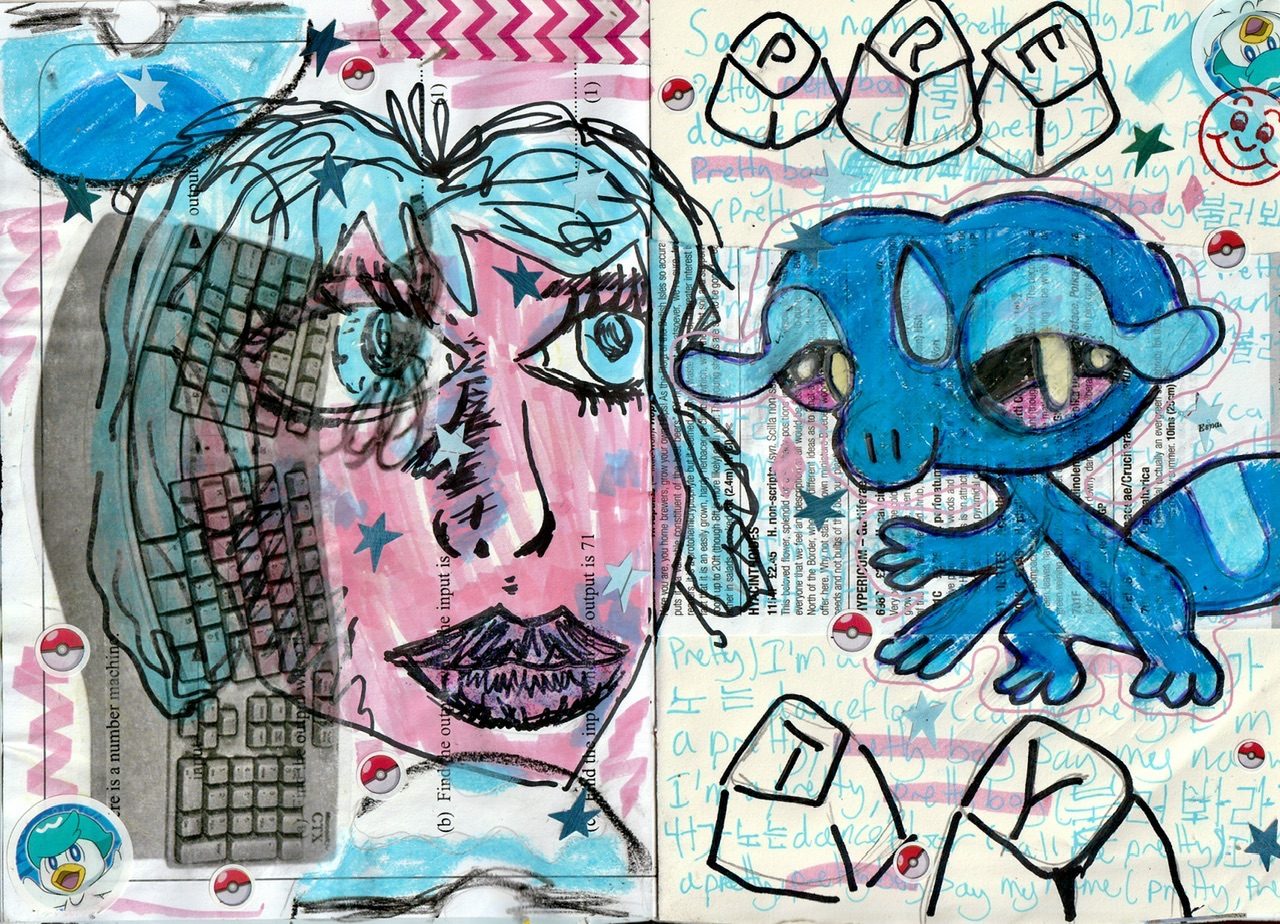 A drawing of a person with blue hair, on top is overlayed a grey scale 2000s keyboard with cable. On the next page is the lyrics to P1harmony’s song “pretty boy” with a drawing of the newly released water-type starter for Pokemon wind/wave which looks a lot like a littlest pet shop gecko. The Pokemon is in oil pastels, the rest of the image is littered with pokeballs and cut out stars