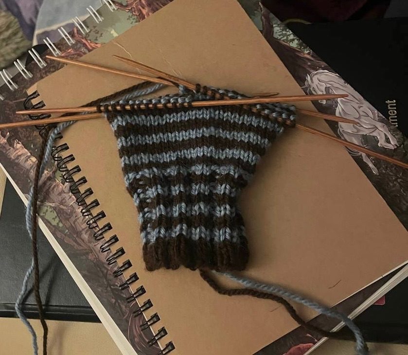 Bottom half of a knitted glove still on the needles, thin blue and brown stripes