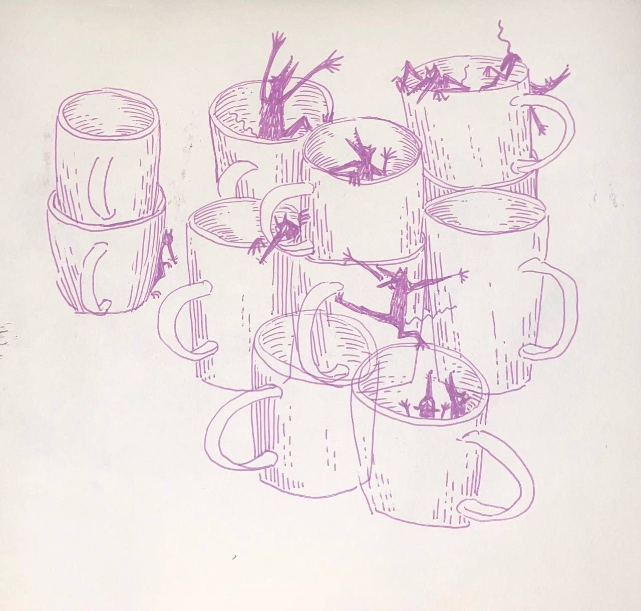 Purple line drawing of mugs in different angles with small creatures playing among them