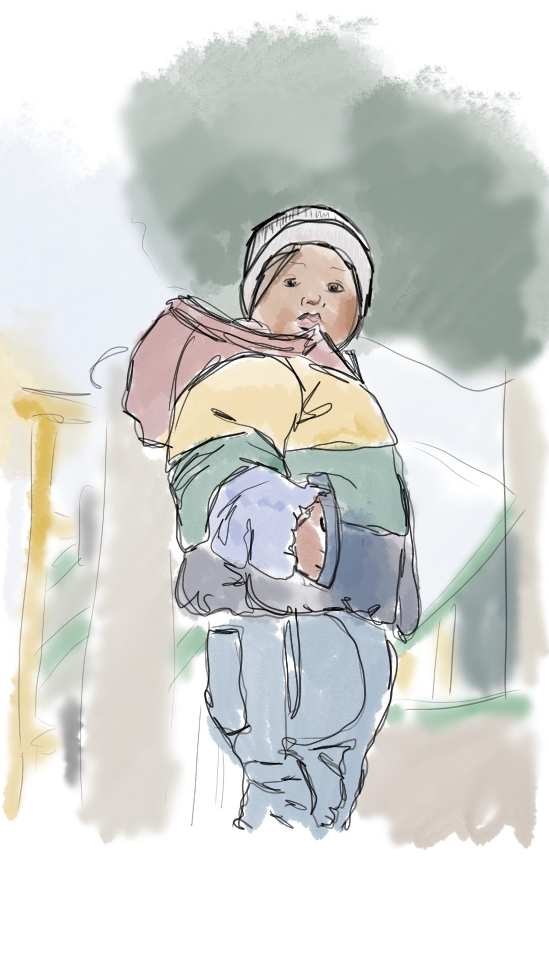 Had to tuck that little hand in! Why are hands so difficult to draw even digitally… experimenting with digital media today!