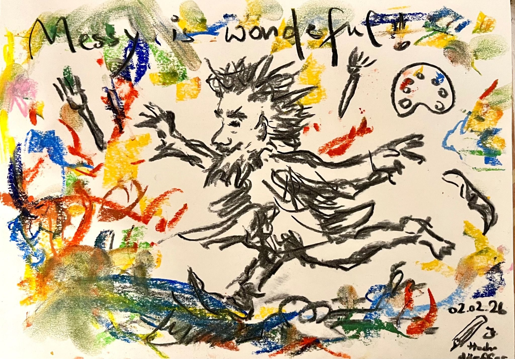 Drawing done with charcoal and pastel chalk, shows a wild little man (artist/ but I was also thinking of Rumpelstilzchen - a figure in a German fairy tale) with a long beard, running and dancing around; one of his slippers is already going lost, and several artists`utensils have also gone flying messily around. Of course a lot of colour has gone flying around here, too.