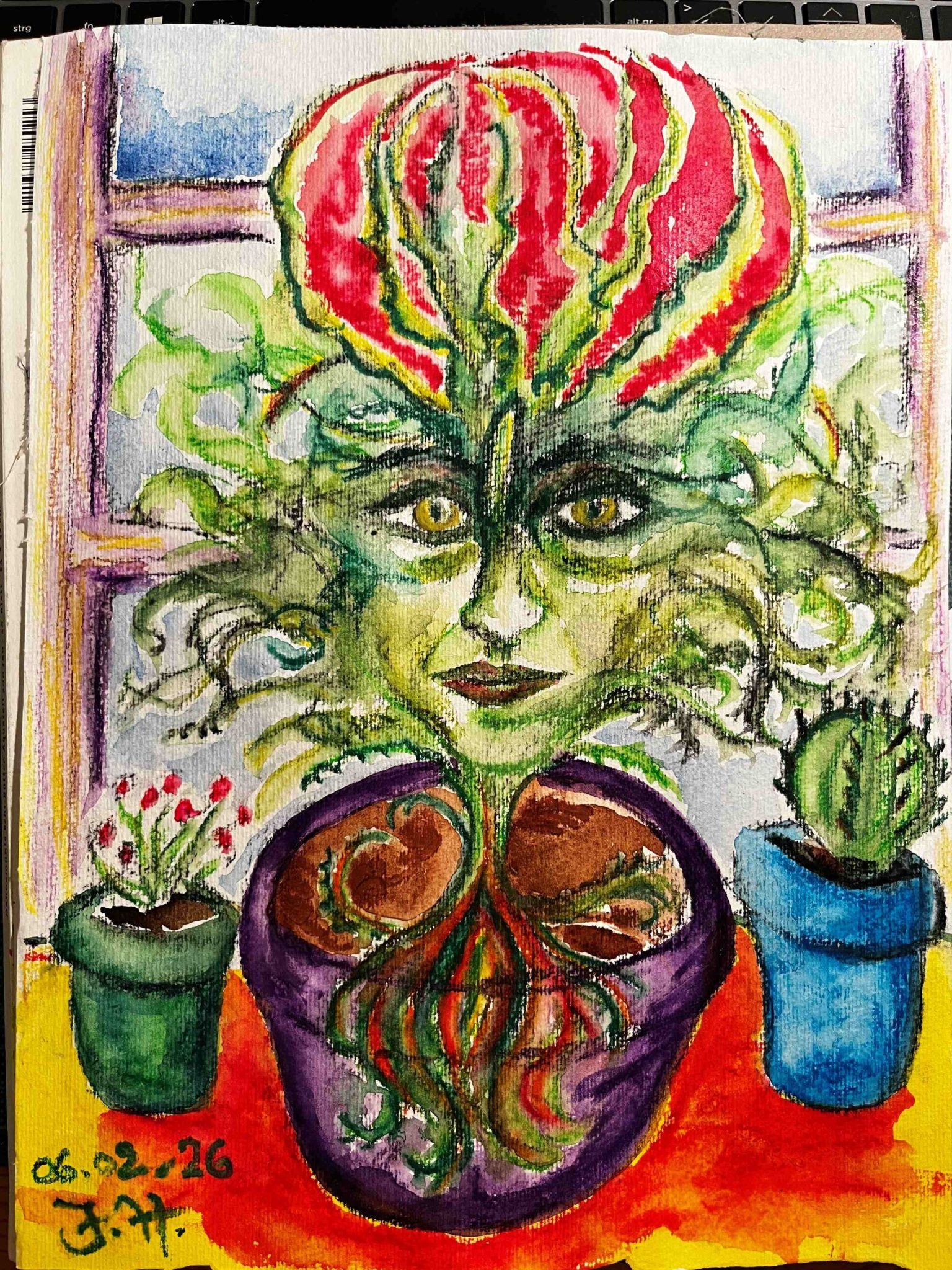 I used water-soluble colour wax pastels and water colours and water. The painting shows three plants on a yellow-and-red window sill; the small pot on the left is green, small flowers are growing in it. On the right sight you see a small cactus in a blue pot. The pot in the middle is big, colour lilac, but rather transparent; the plant's roots (green, red and yellow) can be seen. From these, a big 