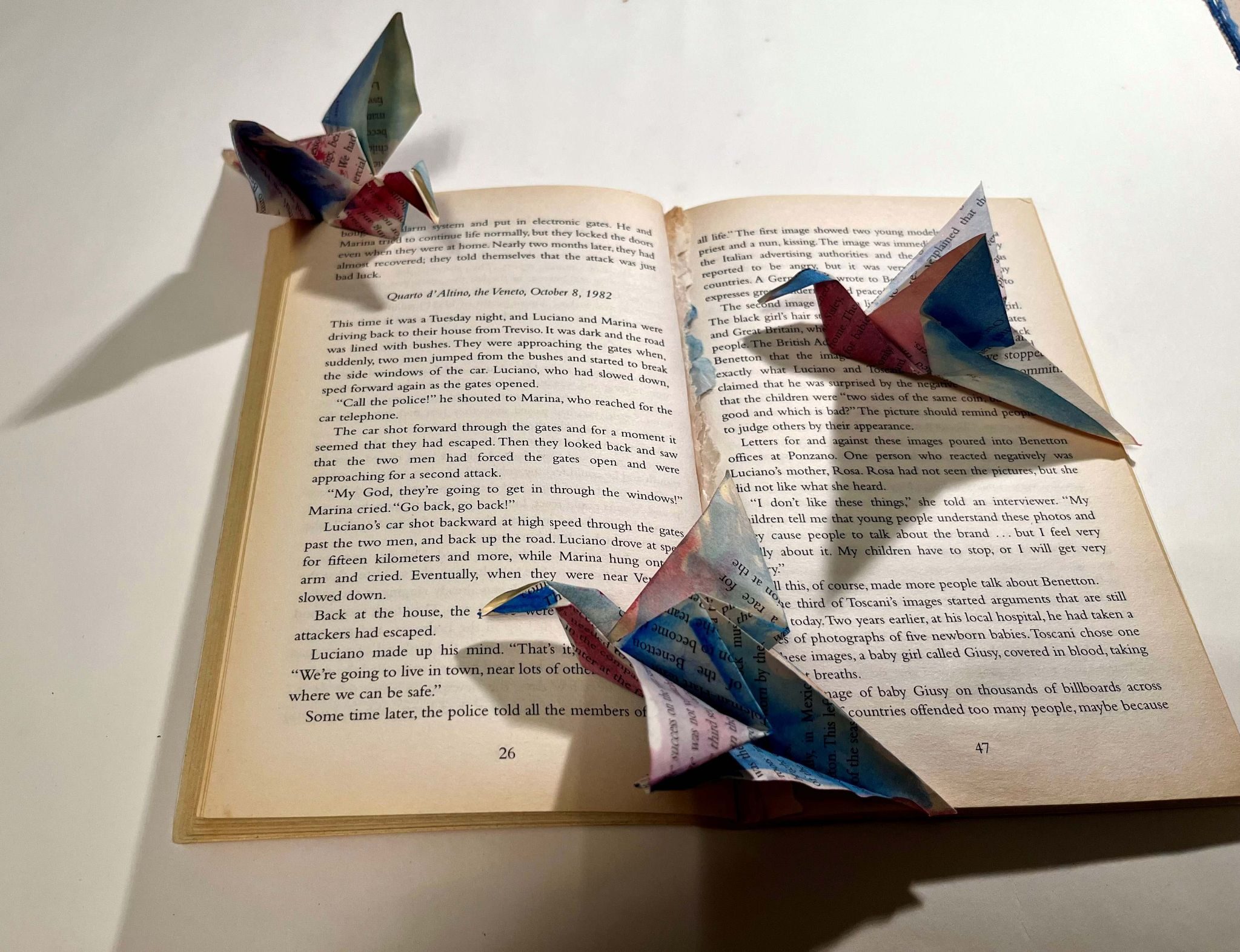 I used an old book, tore out a few pages and folded them into birds. Three of them I painted a bit blue and red and sat them on top of the open book,