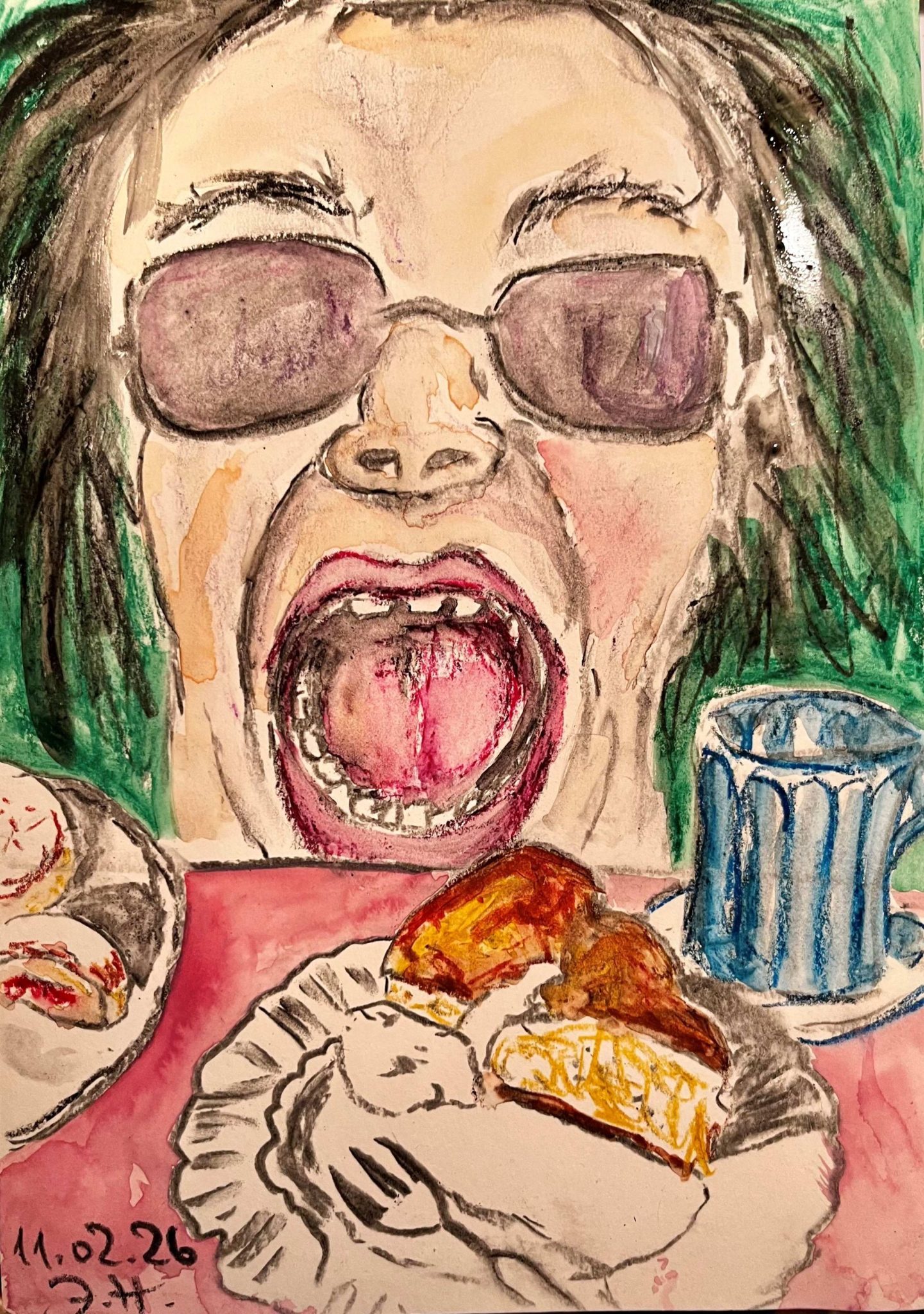 I used charcoal, water-soluble wax pastels and water colour. The picture shows a big face with wild black hair and sunglasses on a dark green background. The person has opened the mouth wide, tongue and teeth can be seen clearly. Only the part of the face from chin upwards is shown, the chin and anything below is hidden behind a tabletop which is covered with food - cakes on white plates and a blue cup.
