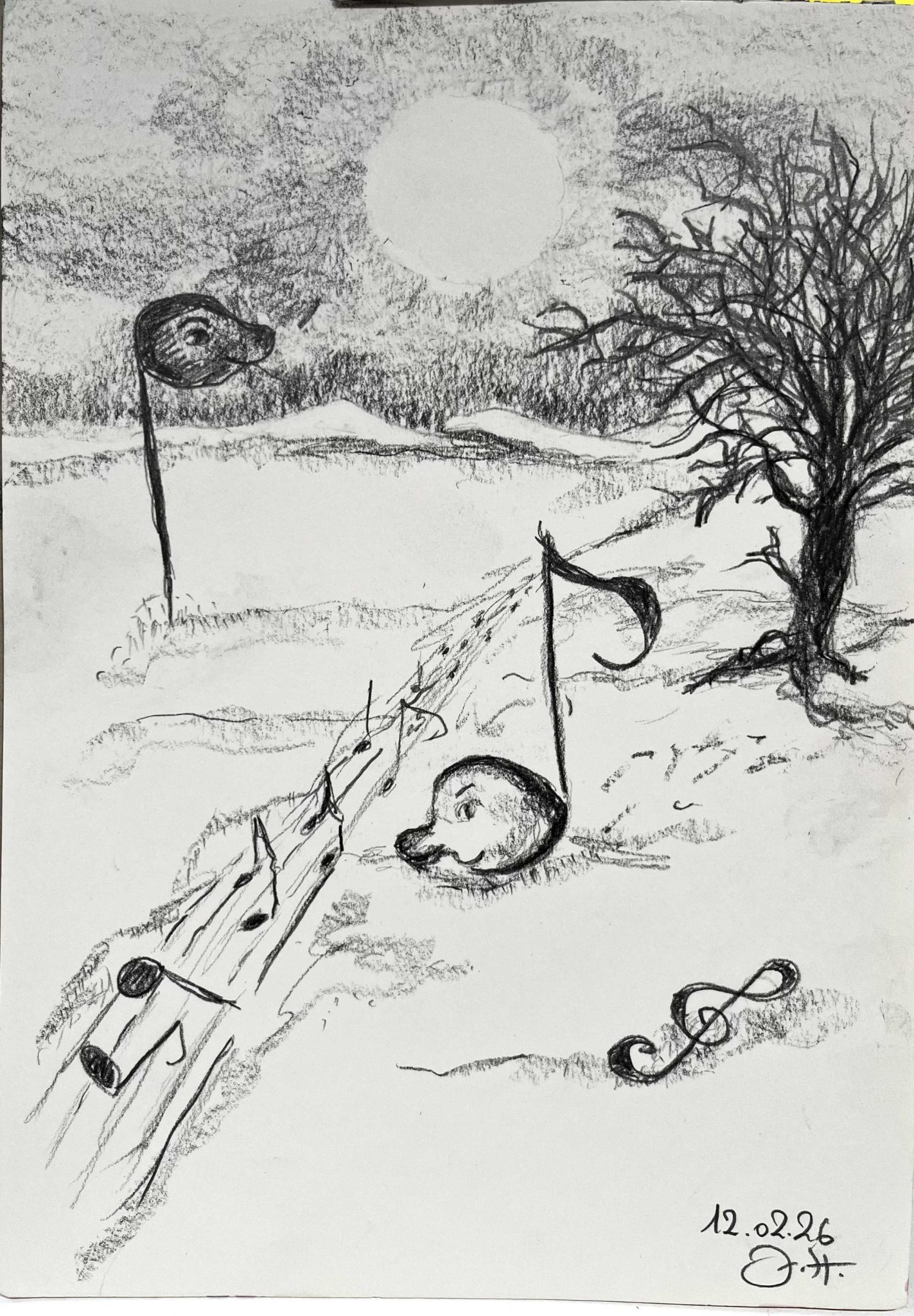 I made a drawing with graphite and charcoal. The drawing shows a tree without leafs at the richt side, there are hills with snow in the background, and from somewhere there a path seems to be emerging, turning more and more into the lines for musical notes. A few notes can be seen like drunken wanderers coming on the path toward the front; in the foreground a note with a friendly face is standing in the snow, on the left side of the path another note is standing upside down. A clef is lying down in the snow at the right side. the sky is rather dark, a full moon is shining.
