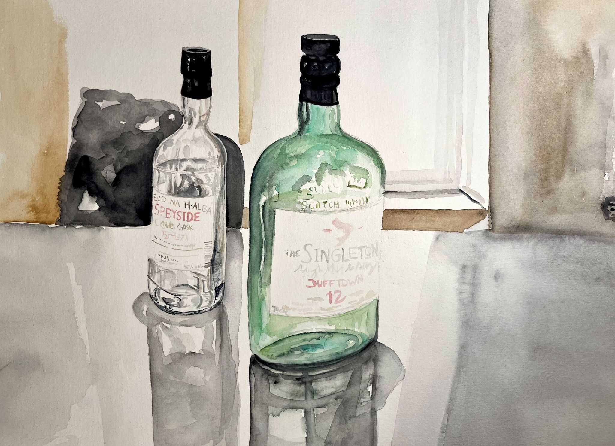 The picture painted with water colours shows two empty whisky bottles standing on a white table in front of a window. Parts of the opposite wall next to the window are also visible, as well as the upper part of a chair covered with something dark.
