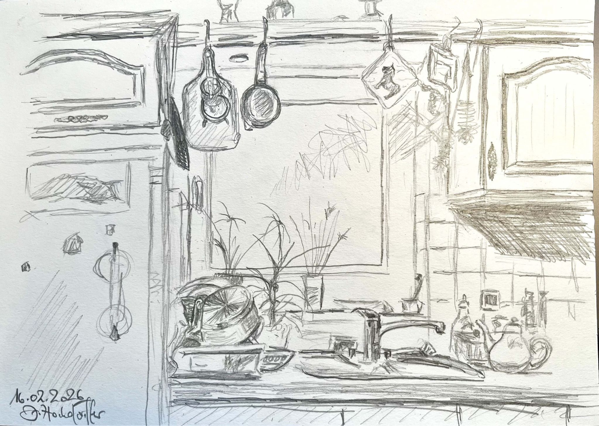 Pencil drawing, shows the sink in my kitchen with the window in the background. There are several plants on the window sill, parts of the kitchen cupboard can be seen, and there are some dishes like pots and a teapot, too.