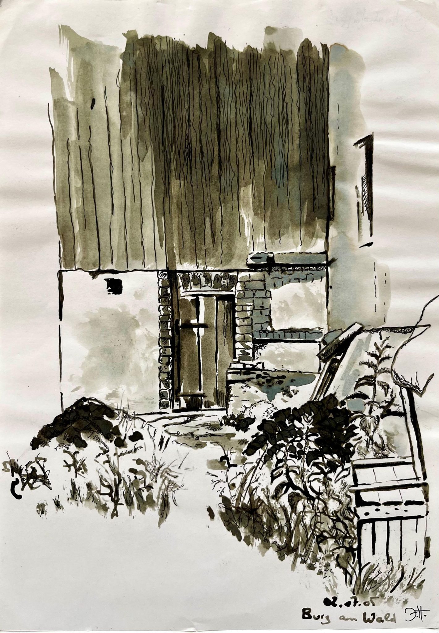 It`s an old ink drawing done with a reed pen, I worked it over a bit - the drawing shows a deserted back yard leading to an old barn; a few things are lying around and grass and weeds are growing, too.