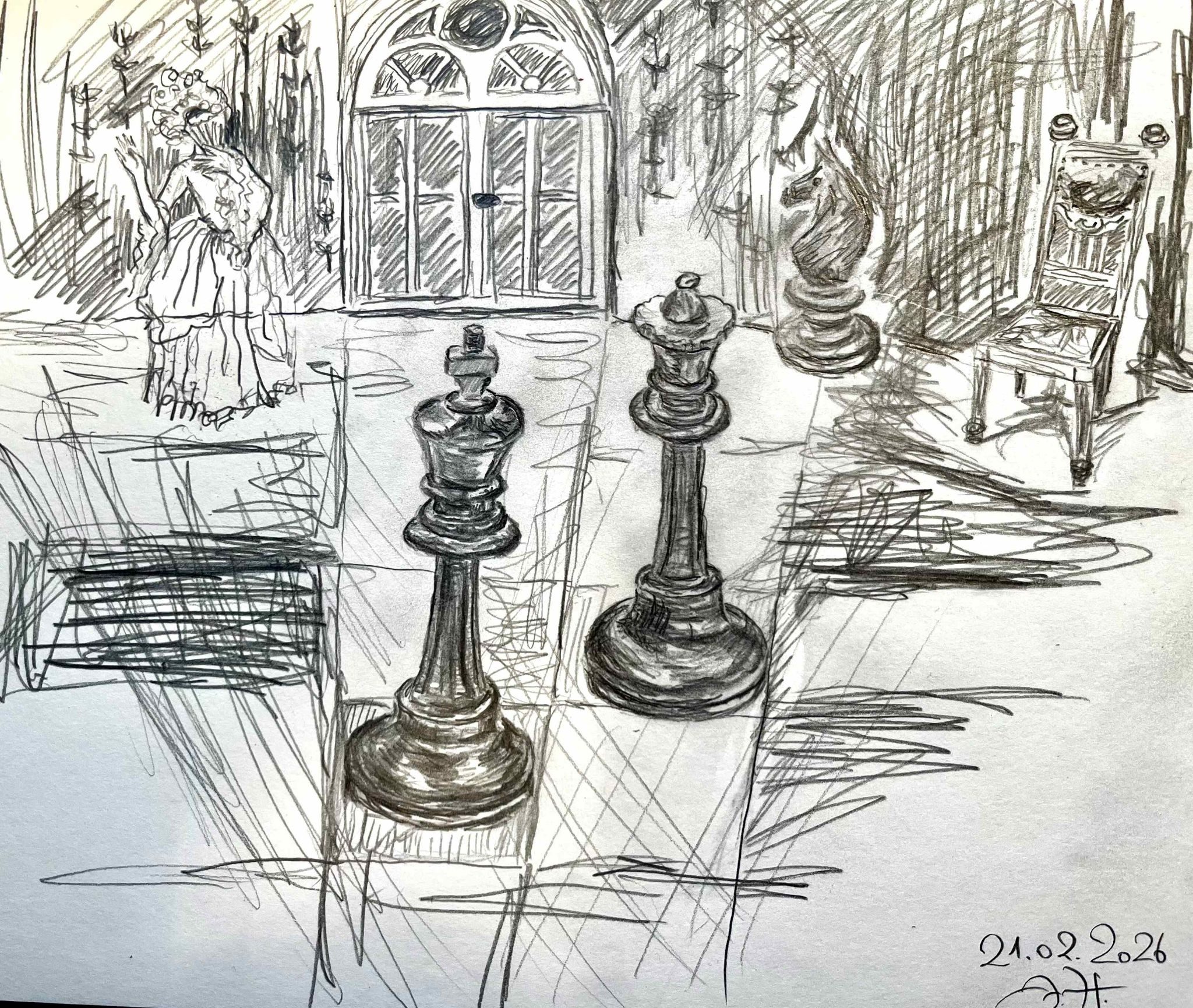 Pencil drawing; it`s a dark room with a big window in the back (showing nothing but the black of the night outside. There are several black chess figures in the roome - king and queen, and a knight near the wall left to the wall in the back. The floor looks a bit like a chess board, too. Next to the knight an old wooden chair is positioned near the wall, too; on the left side of the window a slightly transparent wavering female figure in a very old-fashioned dress and a fan seems to be beckoning.