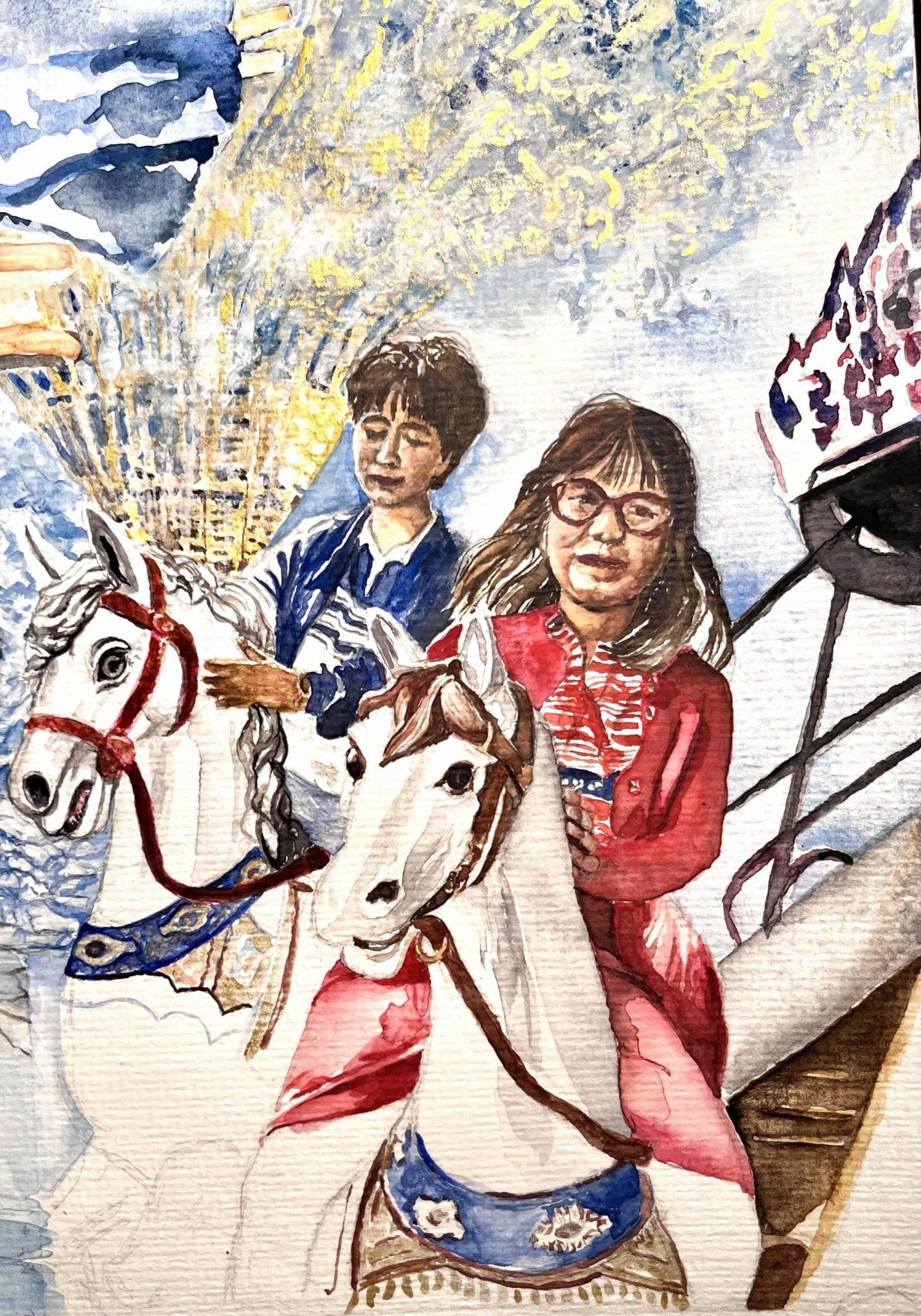 Picture painted with water colours; it shows two girls on the wooden horses of a carousel. The sky behind is blue, but seems to be disturbed, also by the form of another carousel behind dissolving into blue and golden patterns.