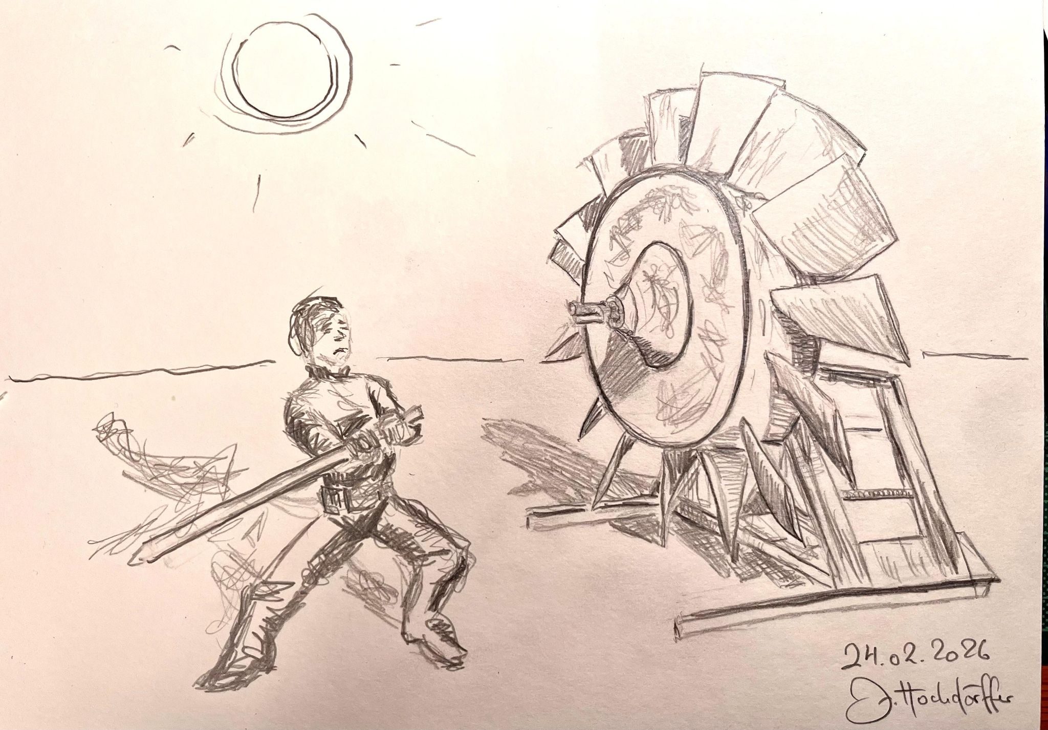 It´s a pencil drawing, showing a part of a big machine - a kind of propeller - on the right and on the left side a figure that looks a bit like a 