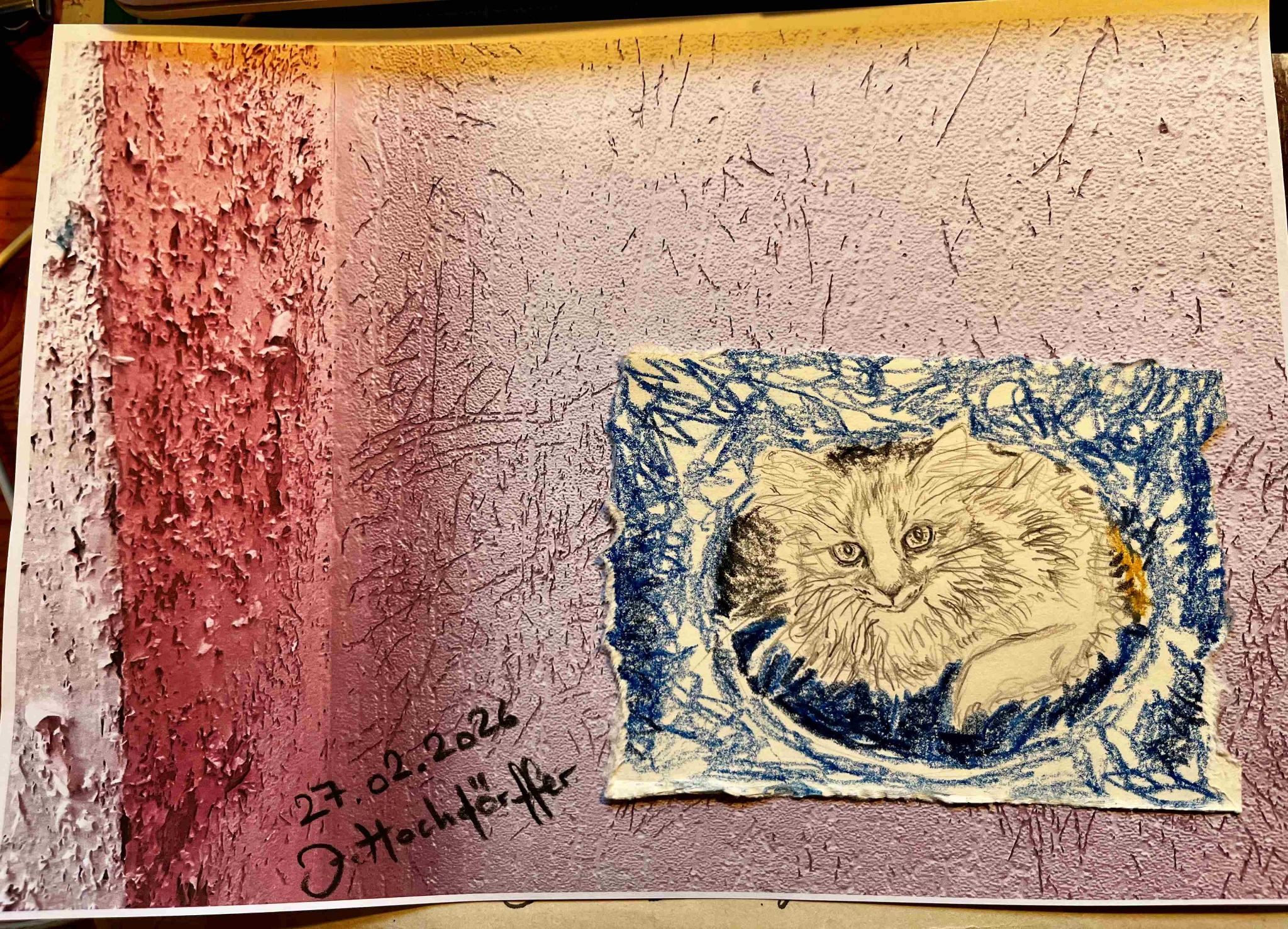 I took a photo of our badly scratched, formerly white wallpaper and added a small drawing of our cat hiding in her cat`s cave which is covered with a dark blue, furry cloth.