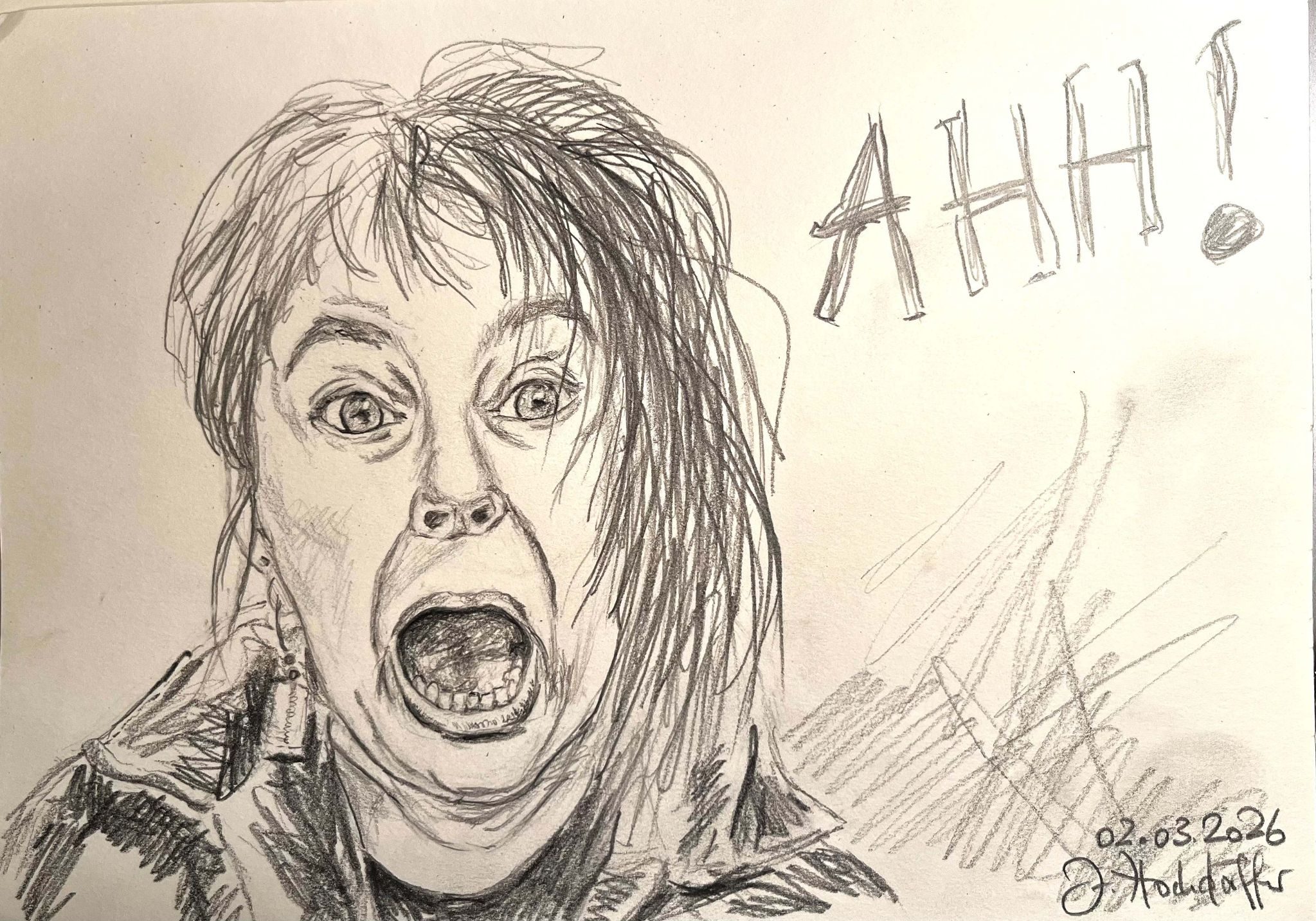 Pencil drawing, shows the face of a woman who seems to be screaming in a shocked way; a few letters on the right side say 