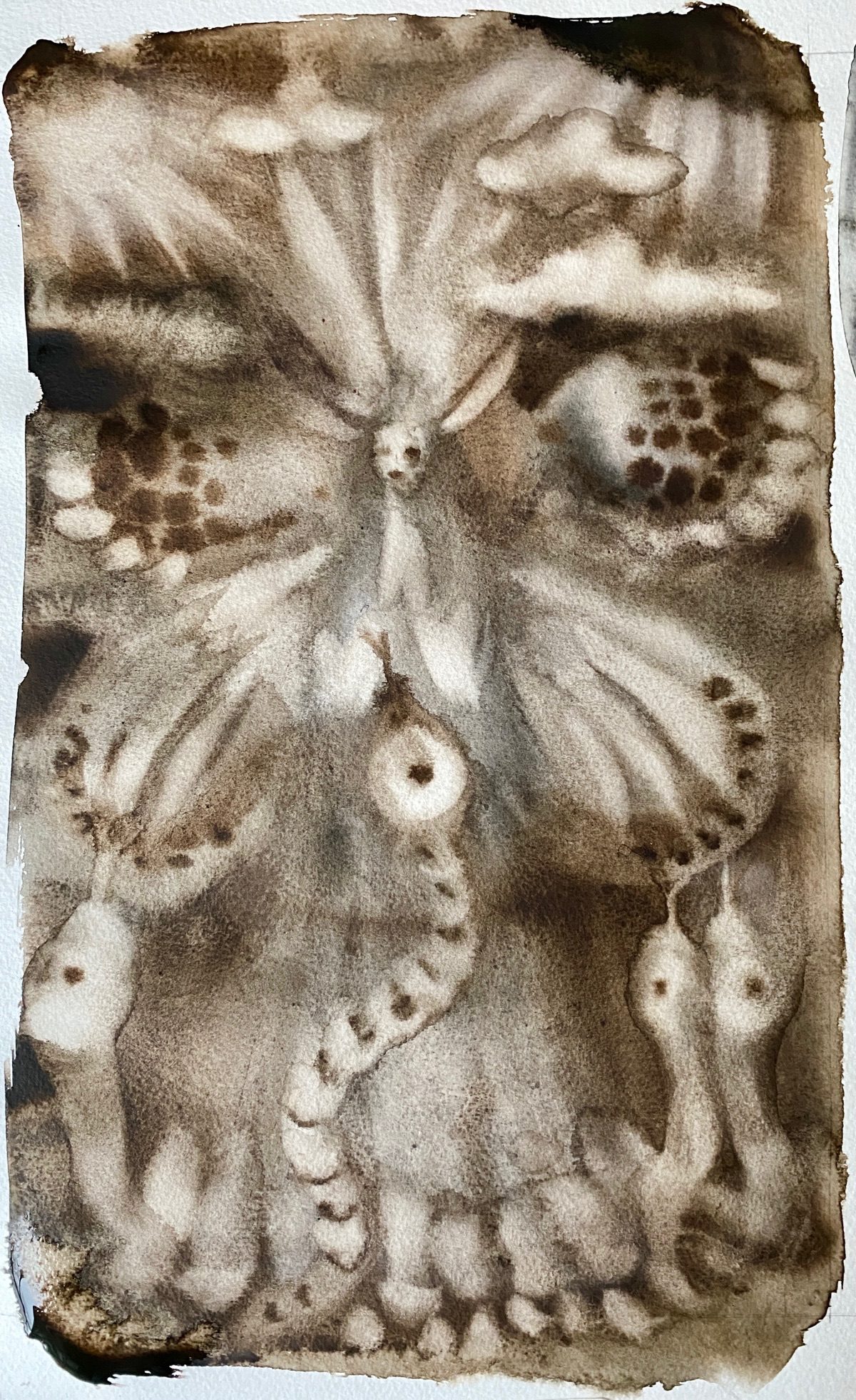 watercolour on paper - shades of brown..... a goddess-like figure central to the painting with moth wings and 4 snakes winding their way at the foot of her. clouds and beams of light above and beyond her