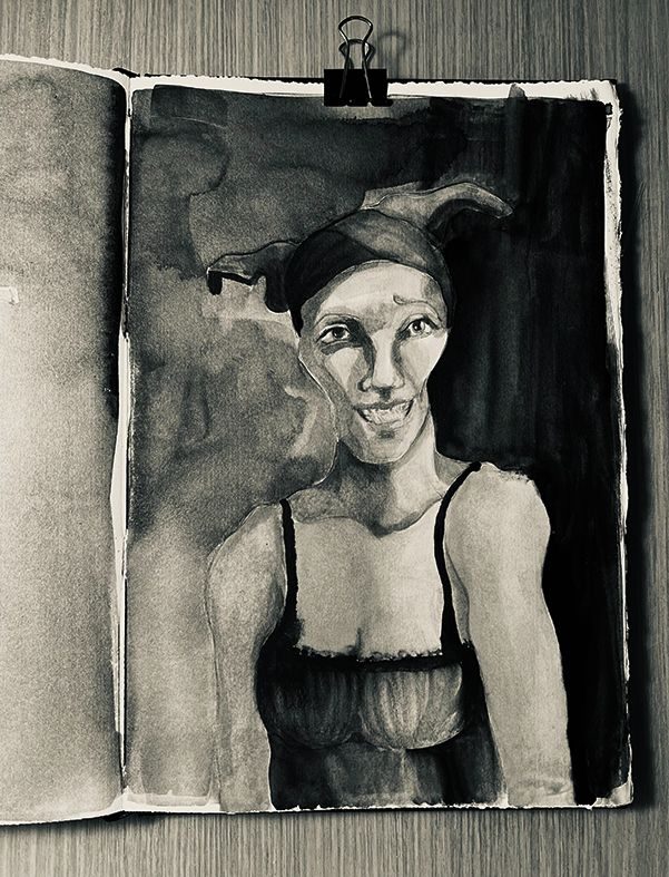 Water media drawing in my sketchbook of a quirky female figure inspired by painter Paula Rego