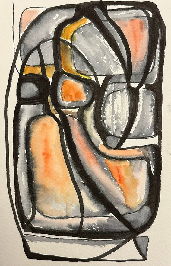 Black ink and orange watercolor shapes