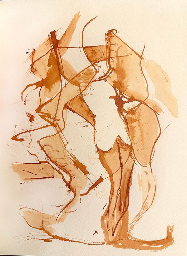 Abstract painting in ink and water in orange brown color