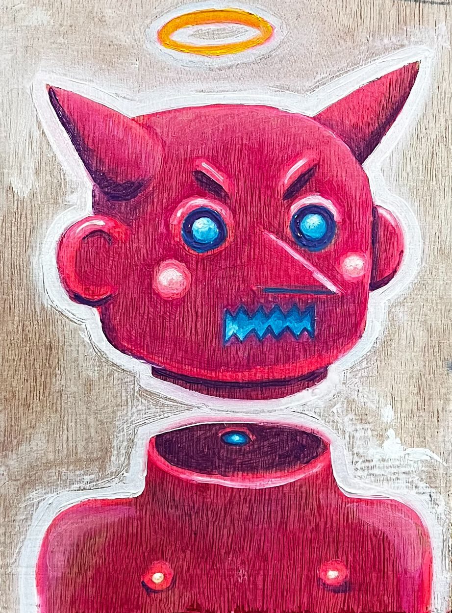 Painting of a cartoon stylised shame red/pink mask float over its body, golden halo above.