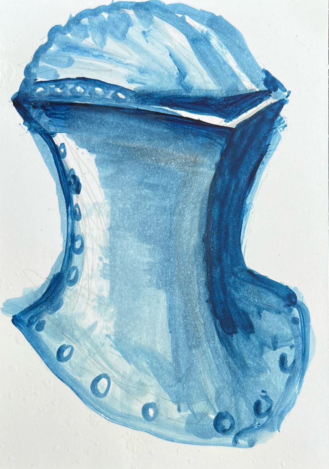 Blue oil painting of a jousting helmet