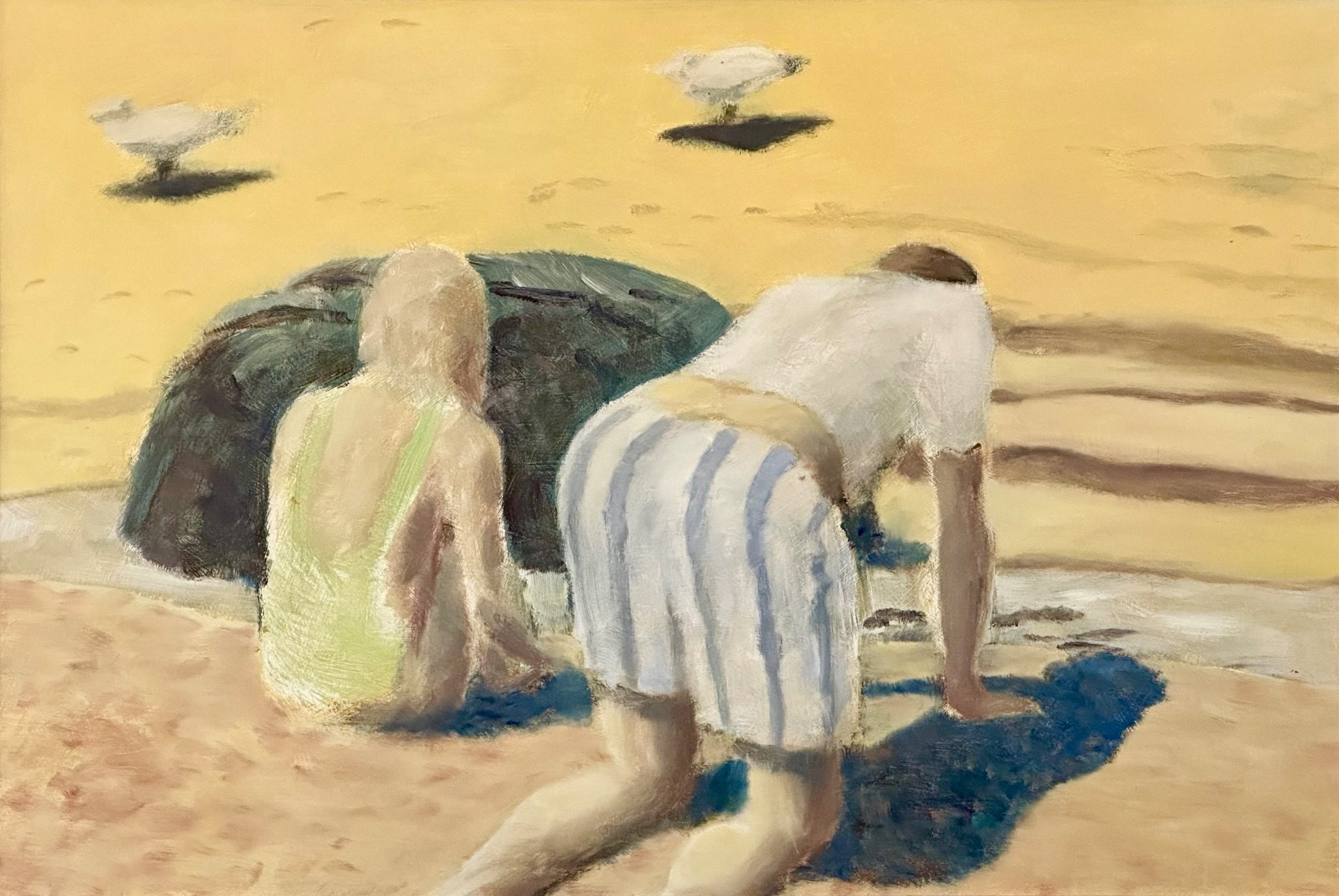 Oil painting of boy and girl playing with sand on the beach.