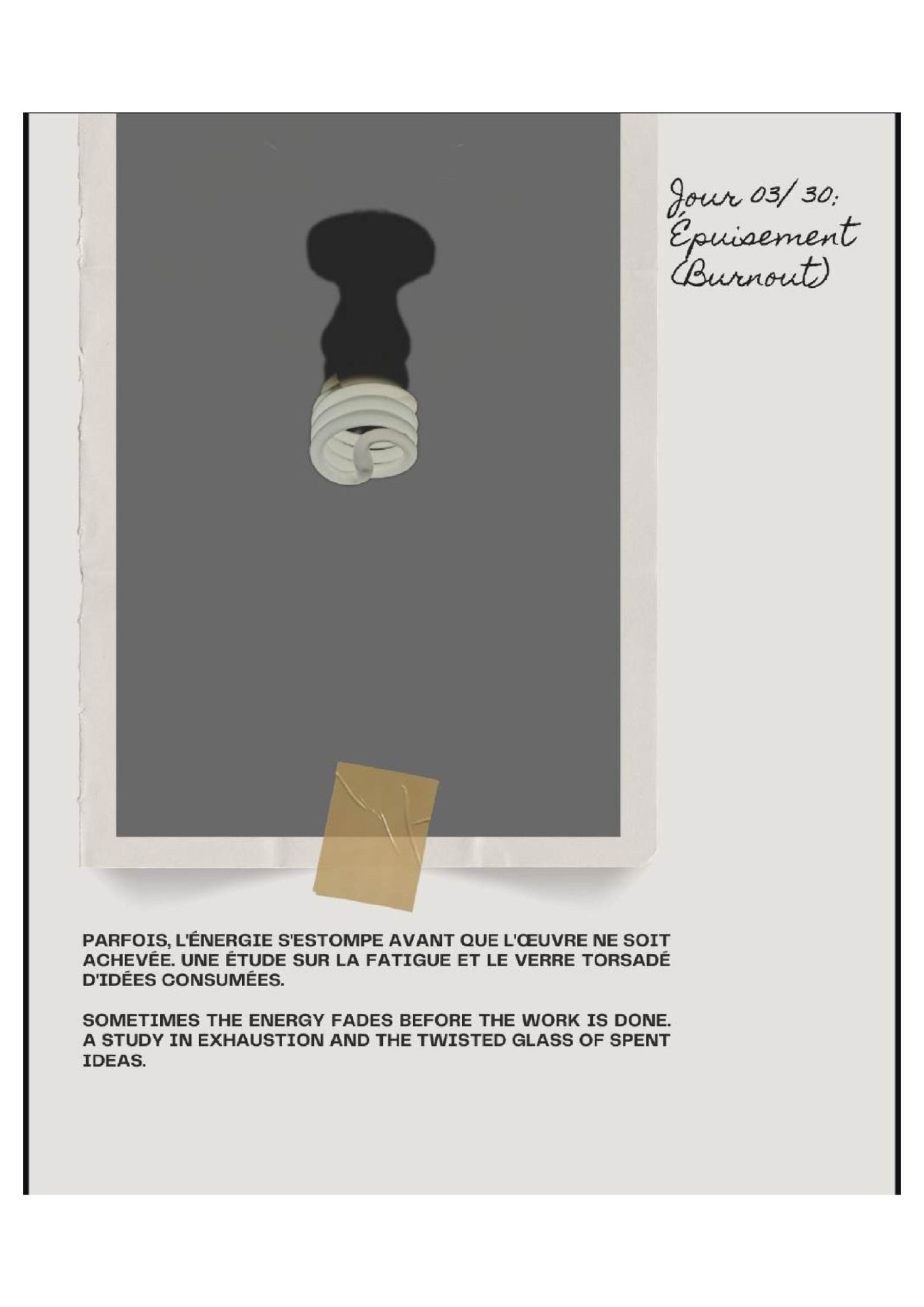 Here is a two-line description designed for accessibility:  A digital scrapbook page features a taped-down photo of a spiral lightbulb casting a heavy, inverted shadow, titled 