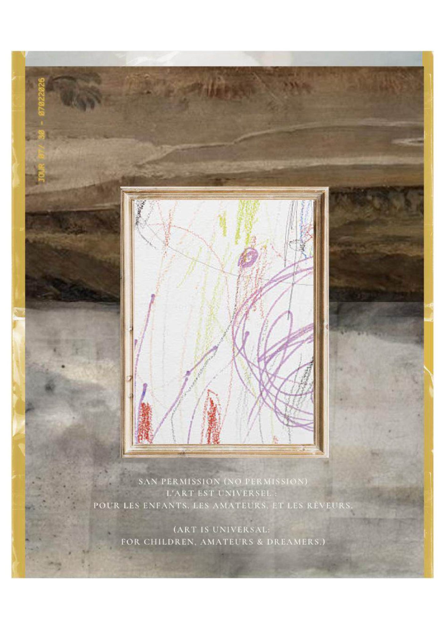 A formal wooden frame elevates a chaotic, colorful crayon scribble, set against a split backdrop of blurry vintage landscape and industrial concrete. The bilingual text below, titled 