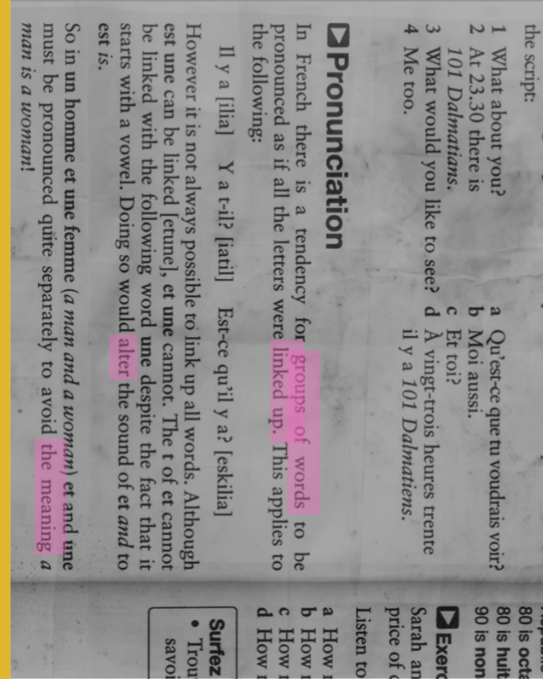 A rotated French textbook page is darkened to emphasize neon pink highlights that isolate specific text, creating a found poem. The highlighted phrase reads 