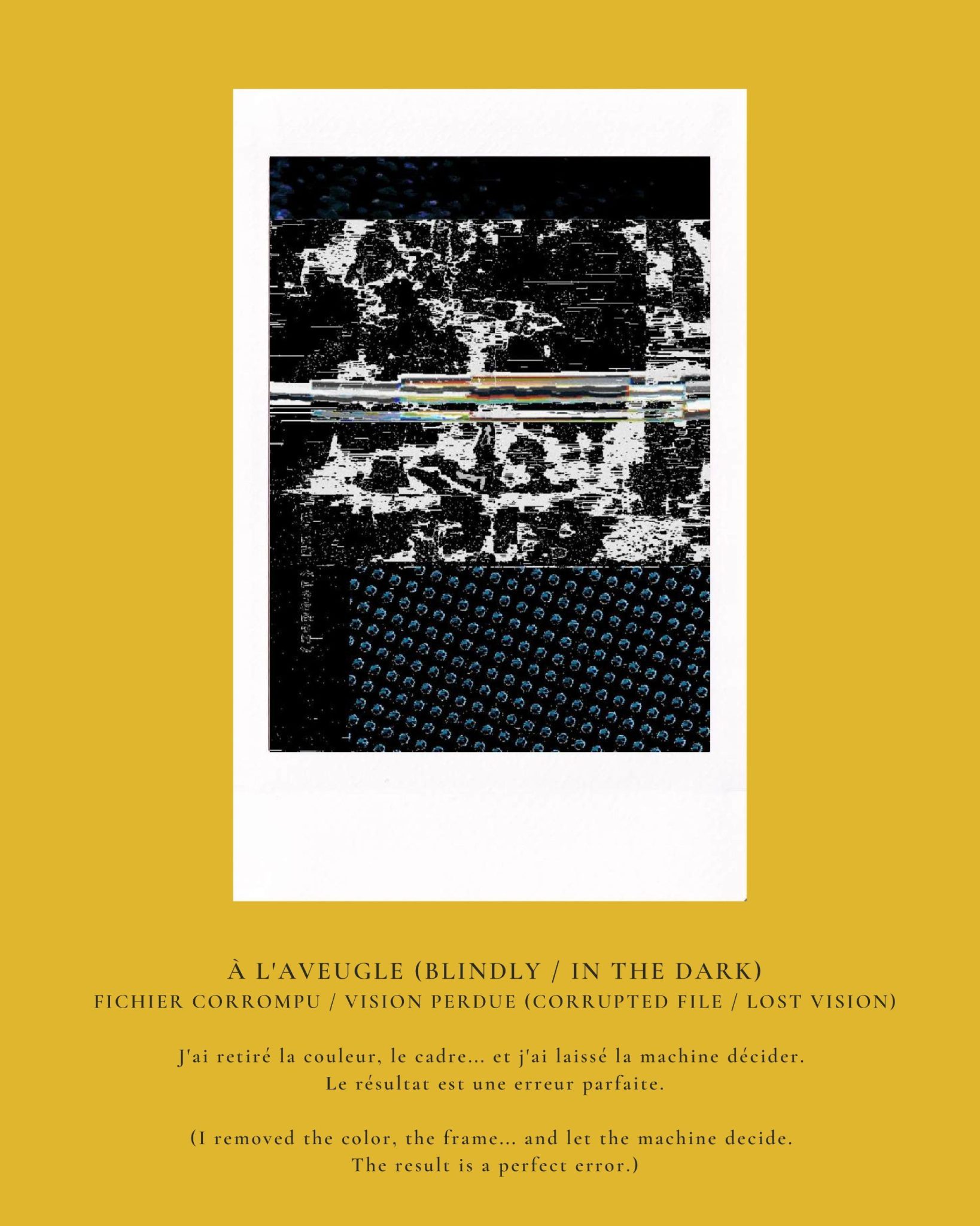 A mustard yellow poster features a Polaroid of a high-contrast digital glitch, filled with jagged black-and-white static and a single horizontal strip of chromatic distortion. The bilingual text below, titled 