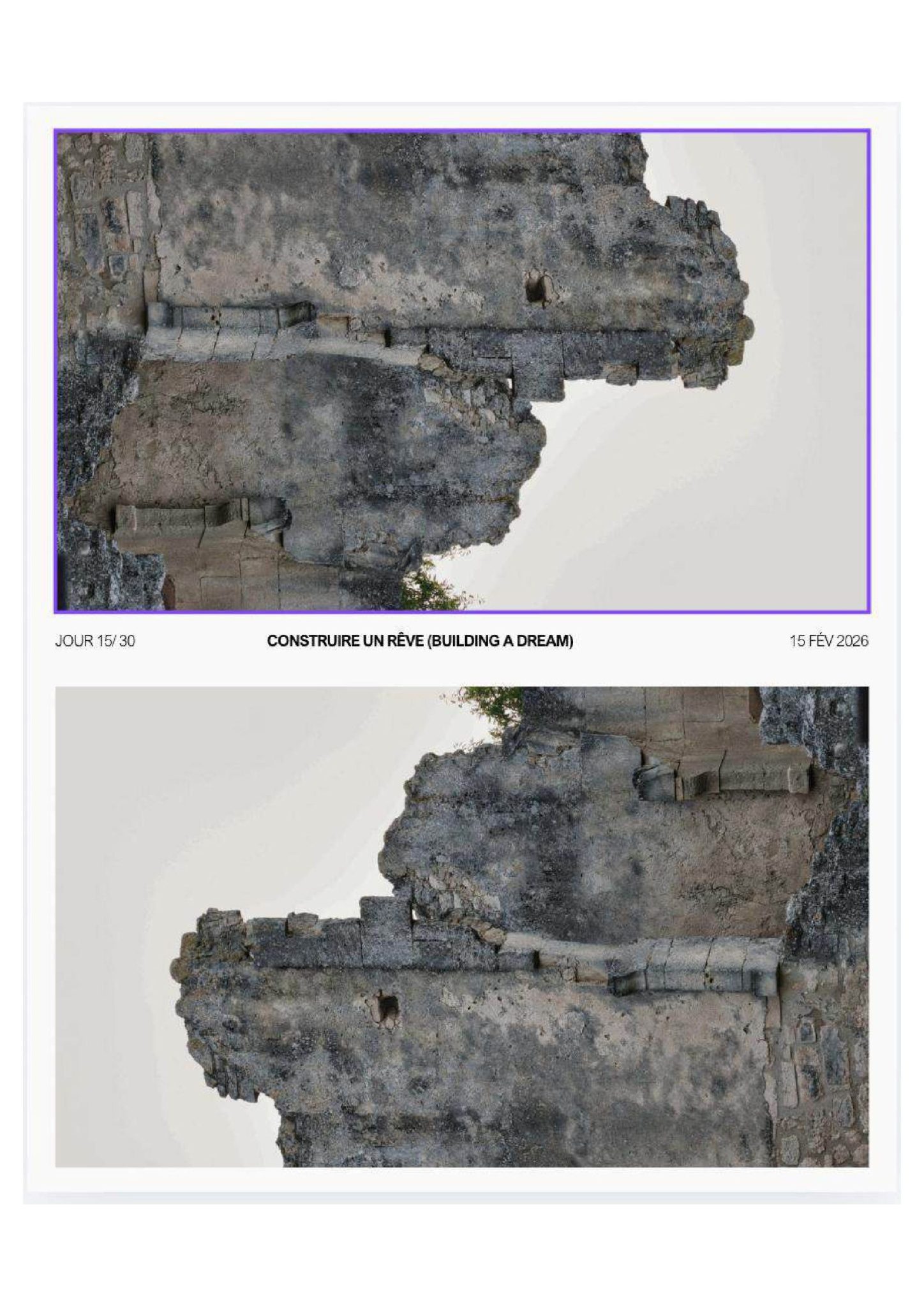 A close view of an old stone ruin shows crumbling walls and exposed edges beneath a soft, empty sky. The worn textures and broken structure evoke themes of time, transformation, and rebuilding.