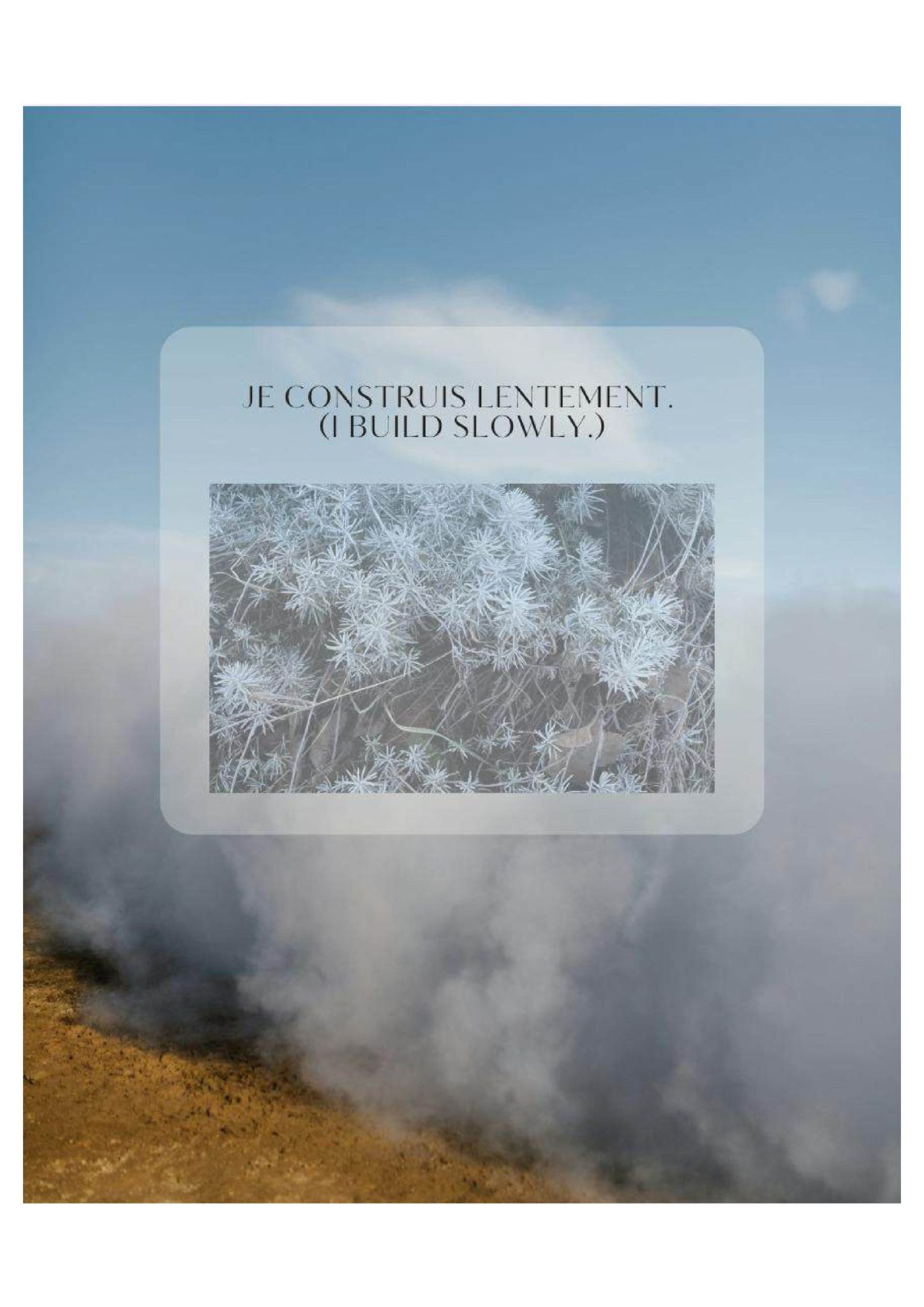 A square overlay with text and an image of frost-covered plants is placed over a background of cloudy sky and a steamy landscape. The text reads 