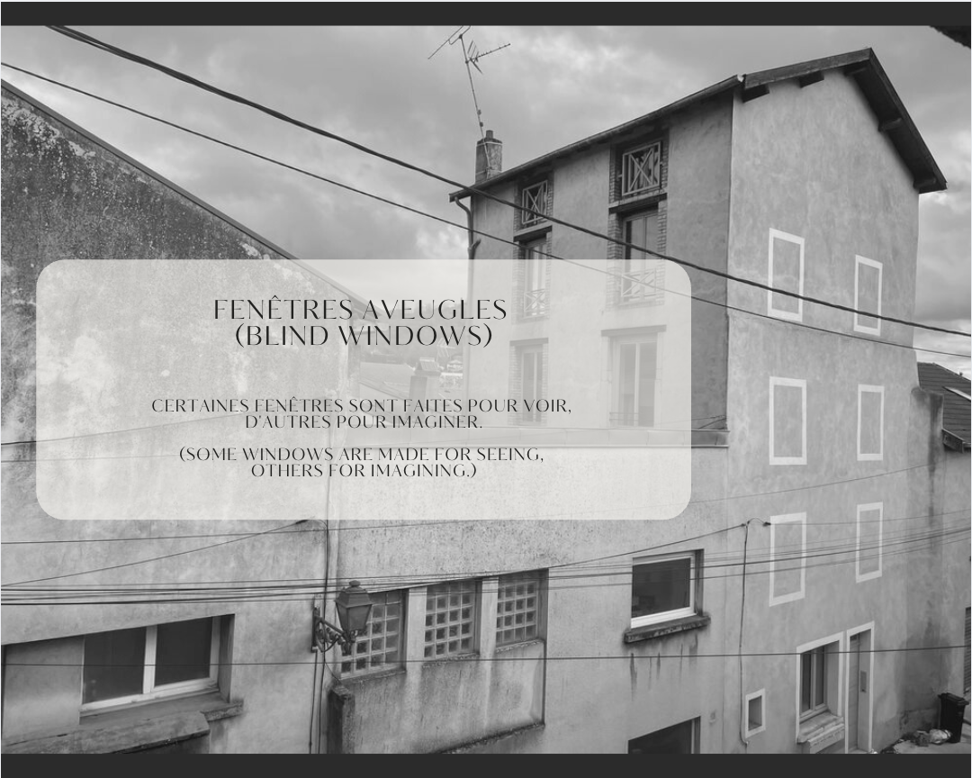 A black-and-white urban photograph captures a weathered building façade featuring painted, faux window outlines crisscrossed by power lines. A frosted text overlay presents the bilingual title 