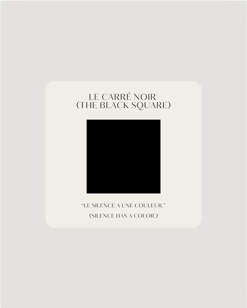 A minimalist digital poster features a stark, solid black square centered on a soft cream card against a beige background. Elegant bilingual typography frames the shape with the title 