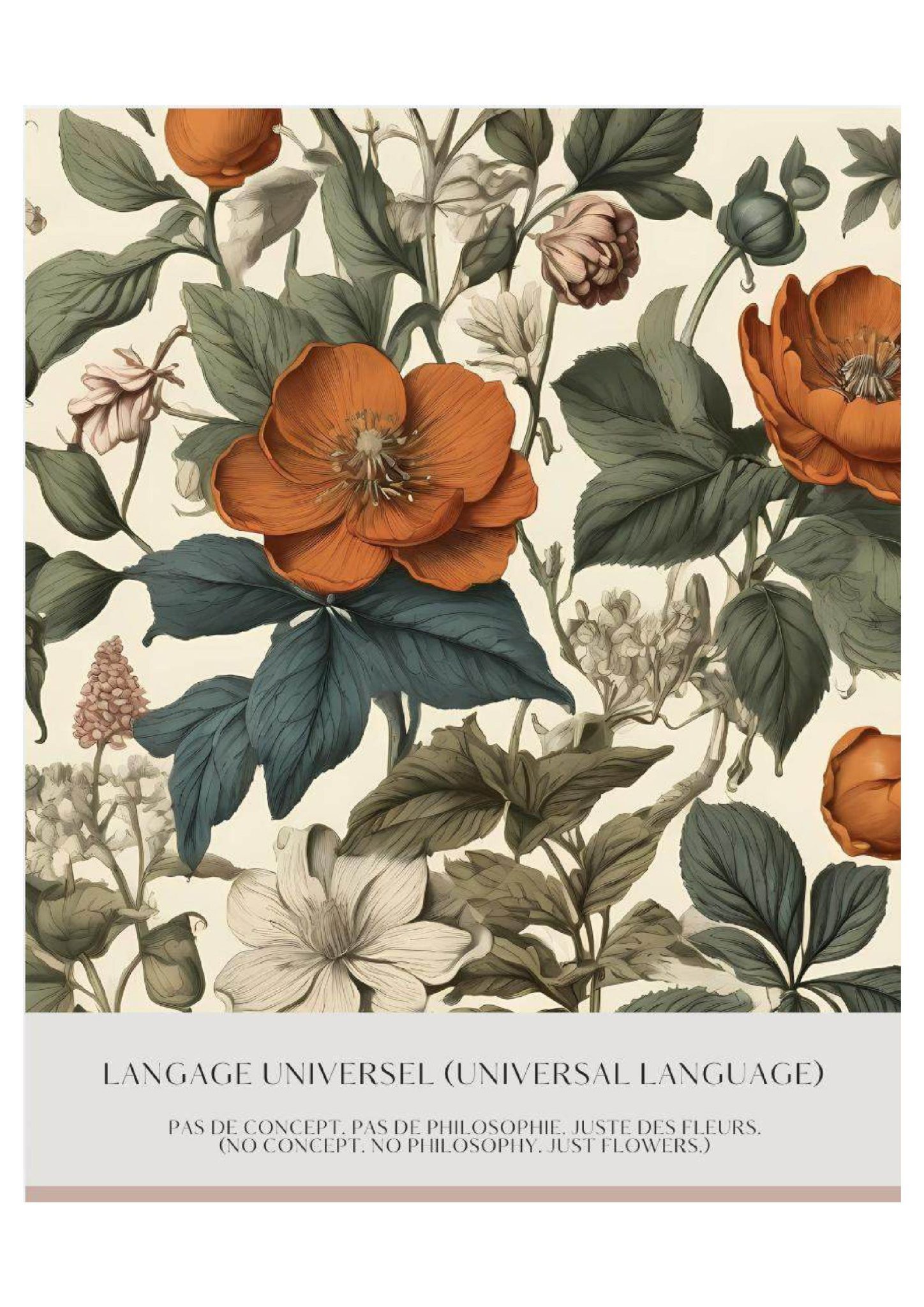 A lush, vintage-style botanical pattern features large orange blossoms and sage green foliage against a cream background. A clean beige band at the bottom displays the bilingual title 