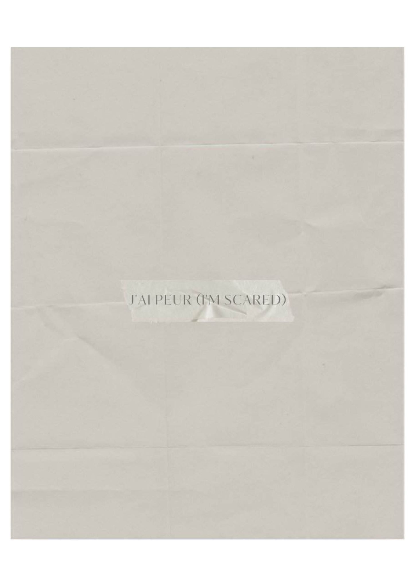A minimalist background of creased, folded beige paper features a single strip of translucent tape in the center. The tape bears the delicate, vulnerable bilingual confession: 