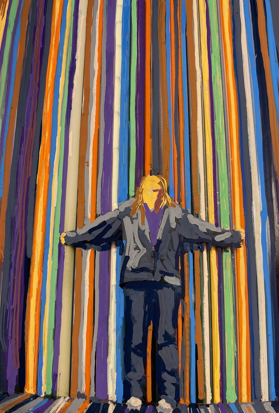 Acrylic pen on photograph. Woman looking upwards with arms raised leaning against stripey wall