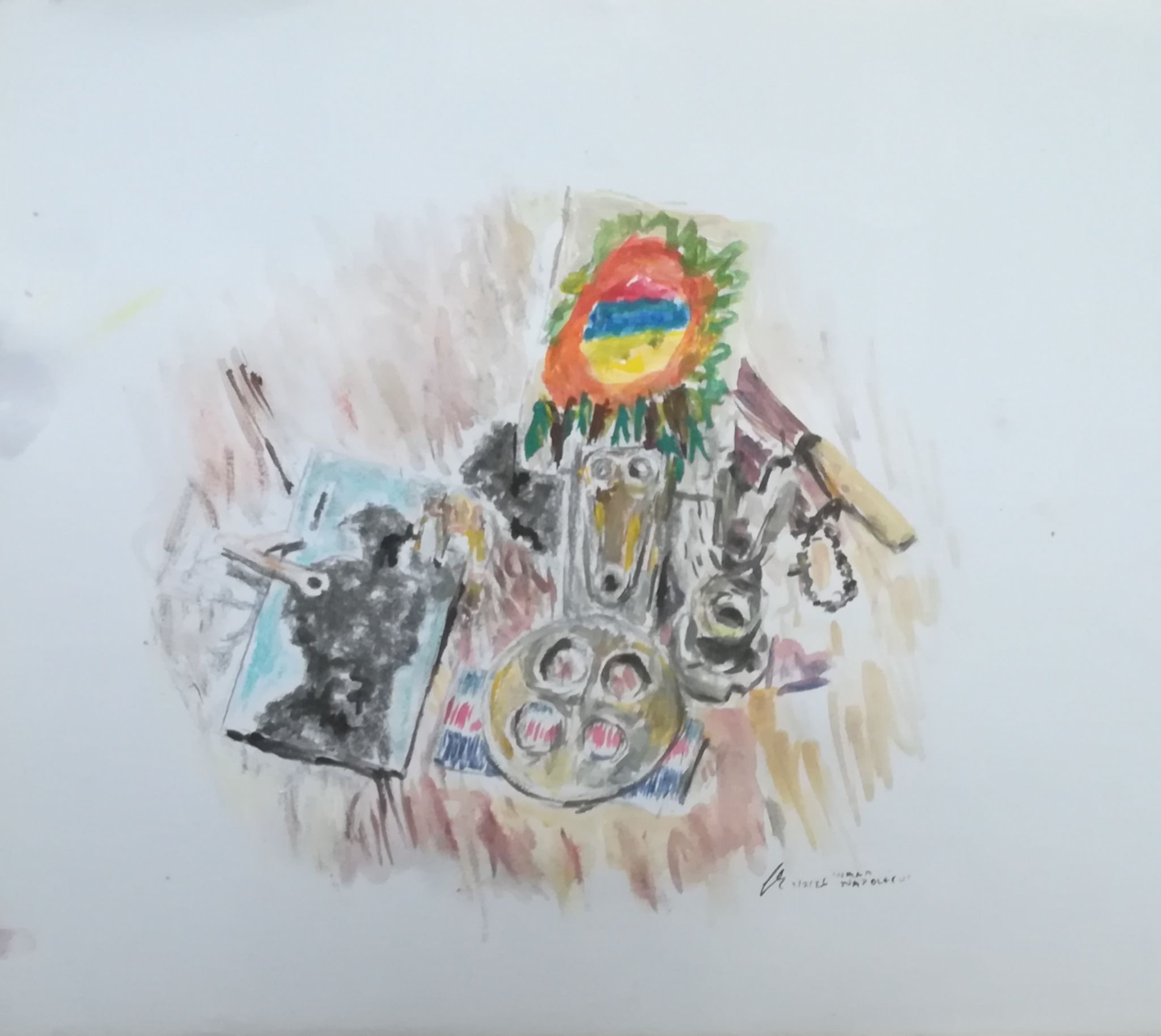 Mixed Media - 6B pencil, graphite, Acrylic, watercolour, conte chalk, charcoal - still life - etching with stopped out image, Sri Lankan ivory elephant, crayon drawing, penknife and crochet hook in leather pouch, volcanic rock, wing nut, bolt, 4-hole brass washer, 3 hole brass plate , brass washer with arm, military stripes, plastic curved tube behind child's drawing; all on oak table surface