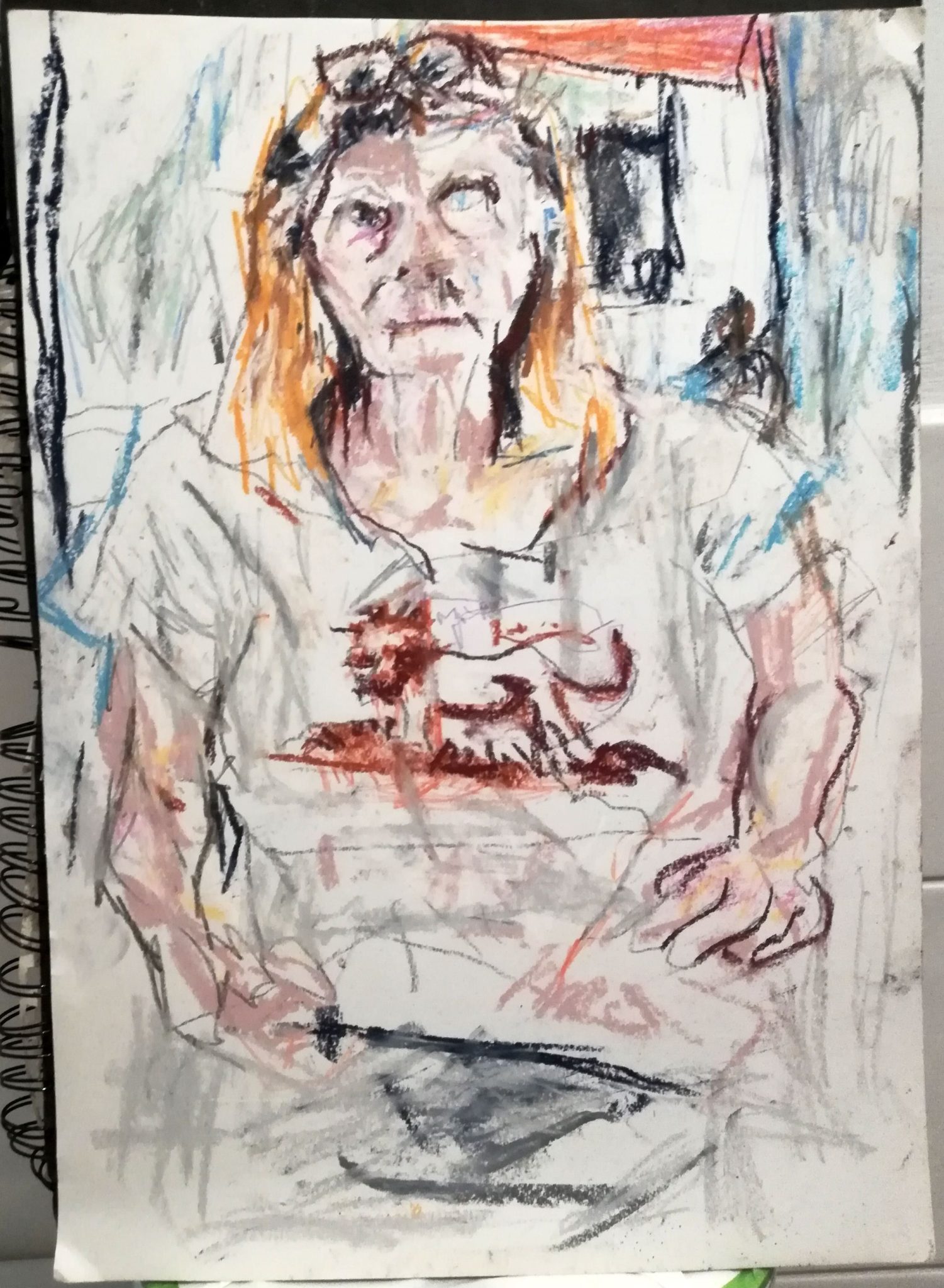Artist framed in bathroom doorway, wearing lion t-shirt, glasses on top of head, A3 sketchbook held chest height, seen from bottom of t-shirt up. Medium: dry - coloured pencils, chalks, pastels