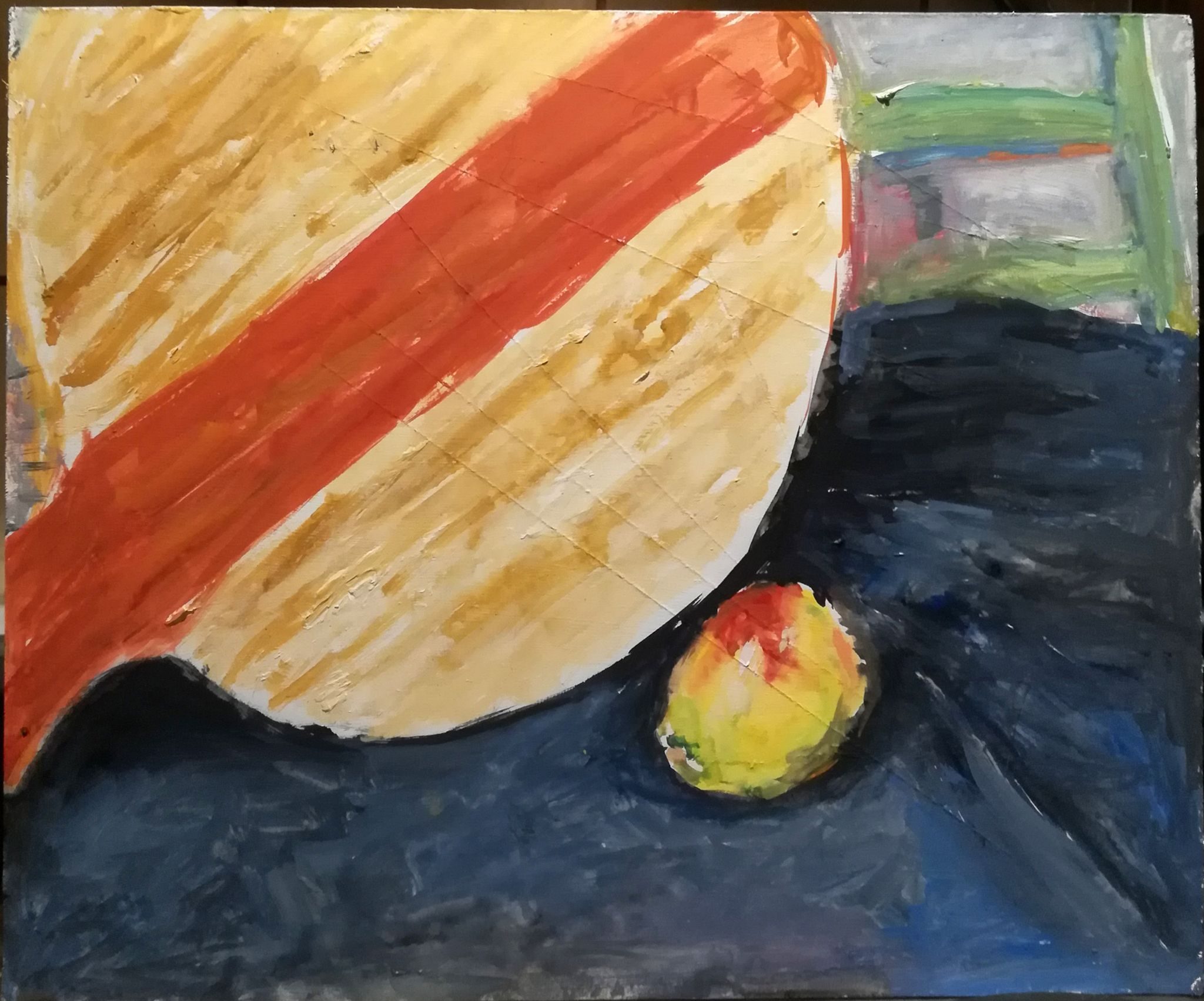 Round bread board leaning upright behind apple on black cloth, green chair in background. Medium: gouache on primed (& scratched) fibre board.